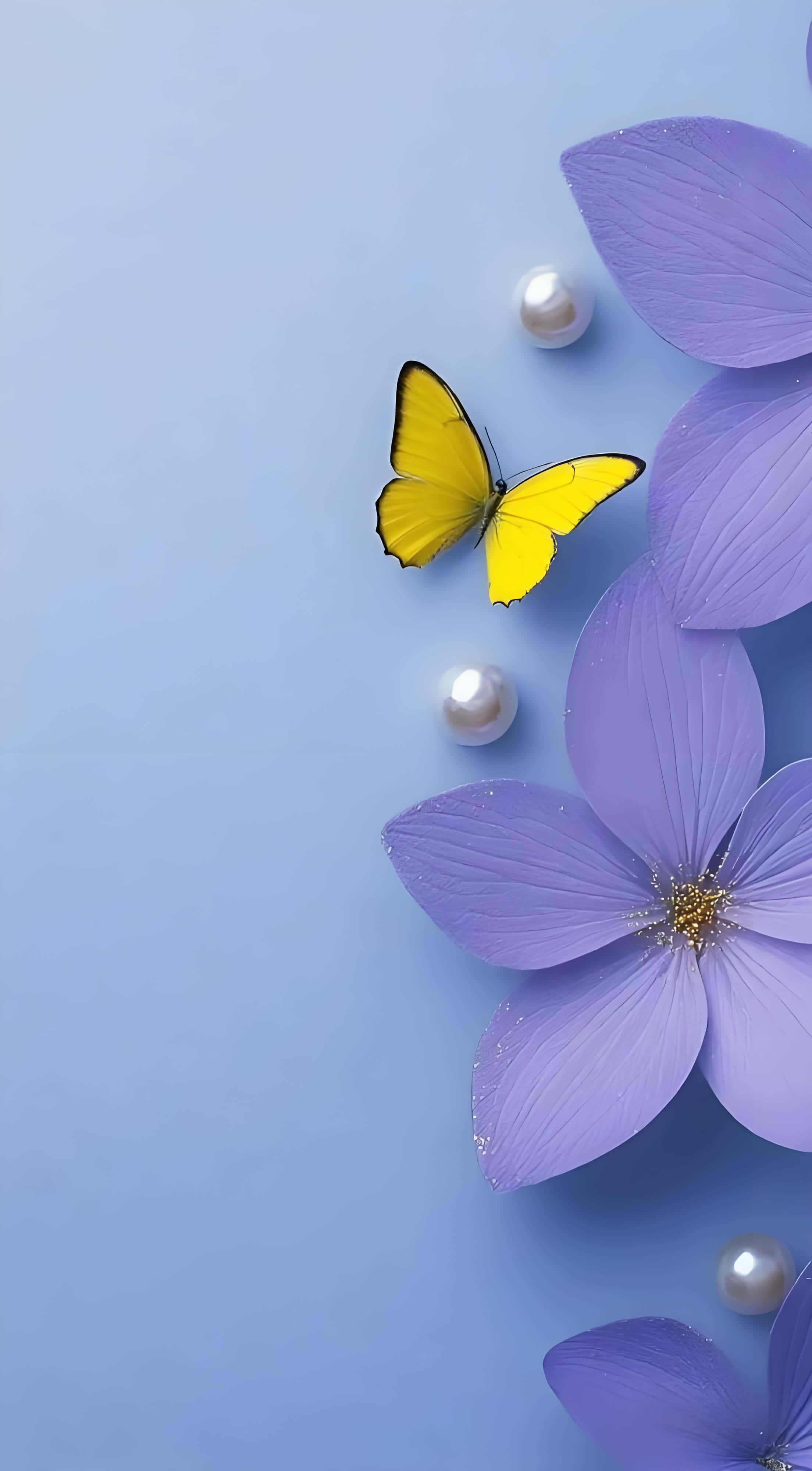 butterfly, purple flowers, white pearls, 4K Phone Wallpaper
