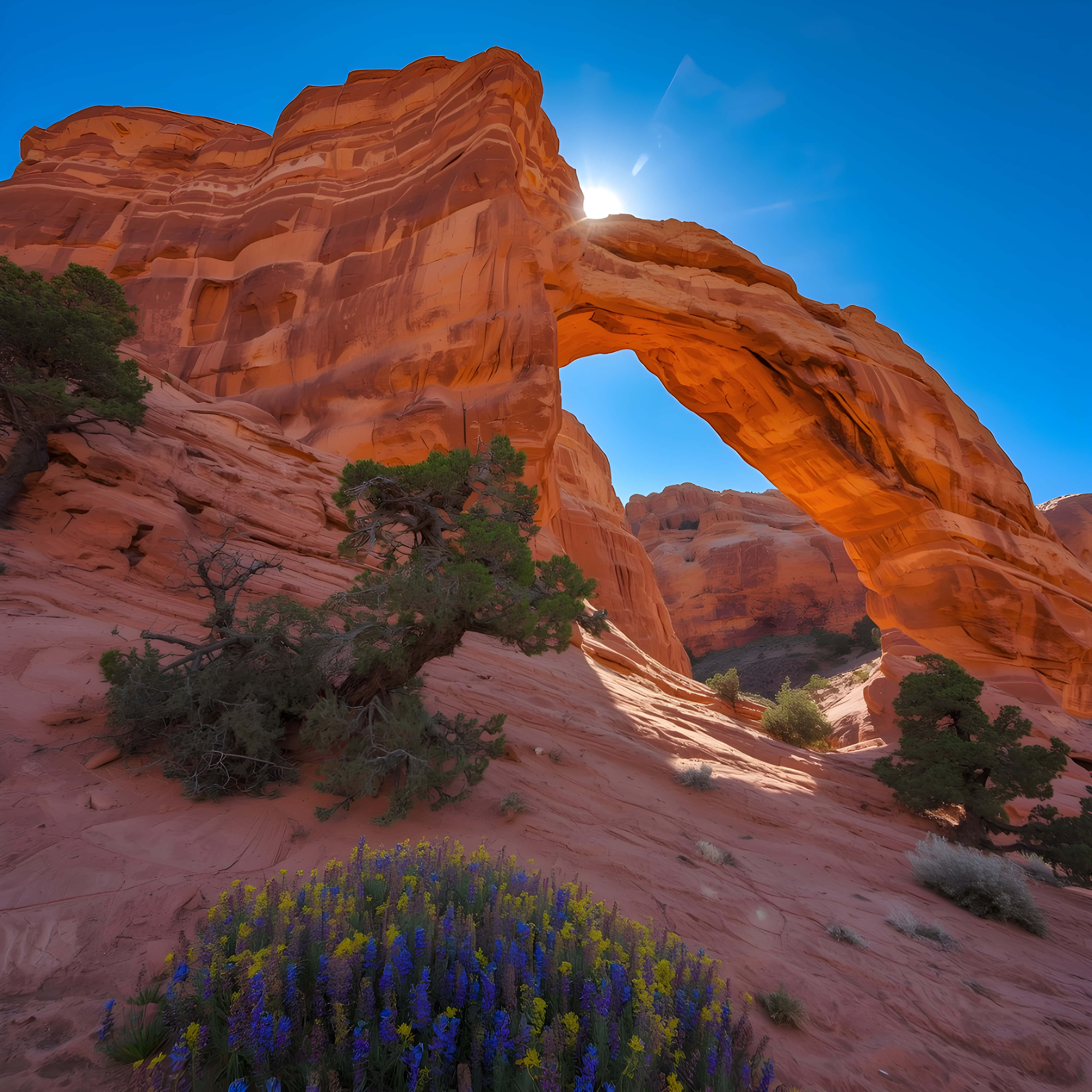 orange sandstone arch, bright sun, blue sky, 4K Desktop Wallpaper