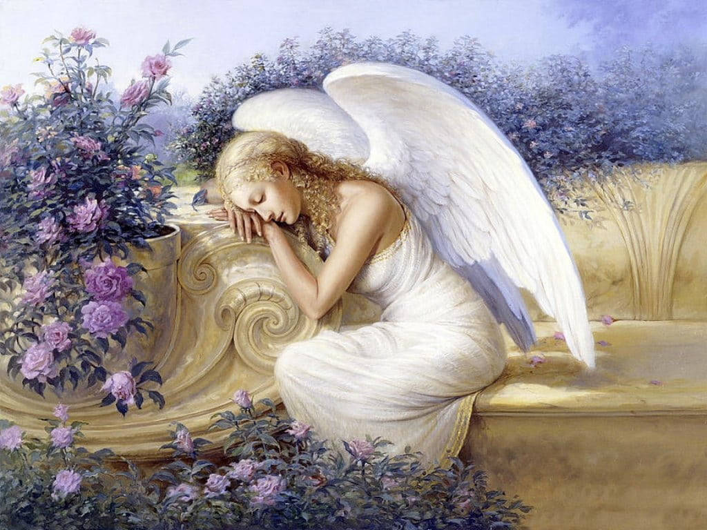 angel, white wings, stone bench, SD Desktop Wallpaper