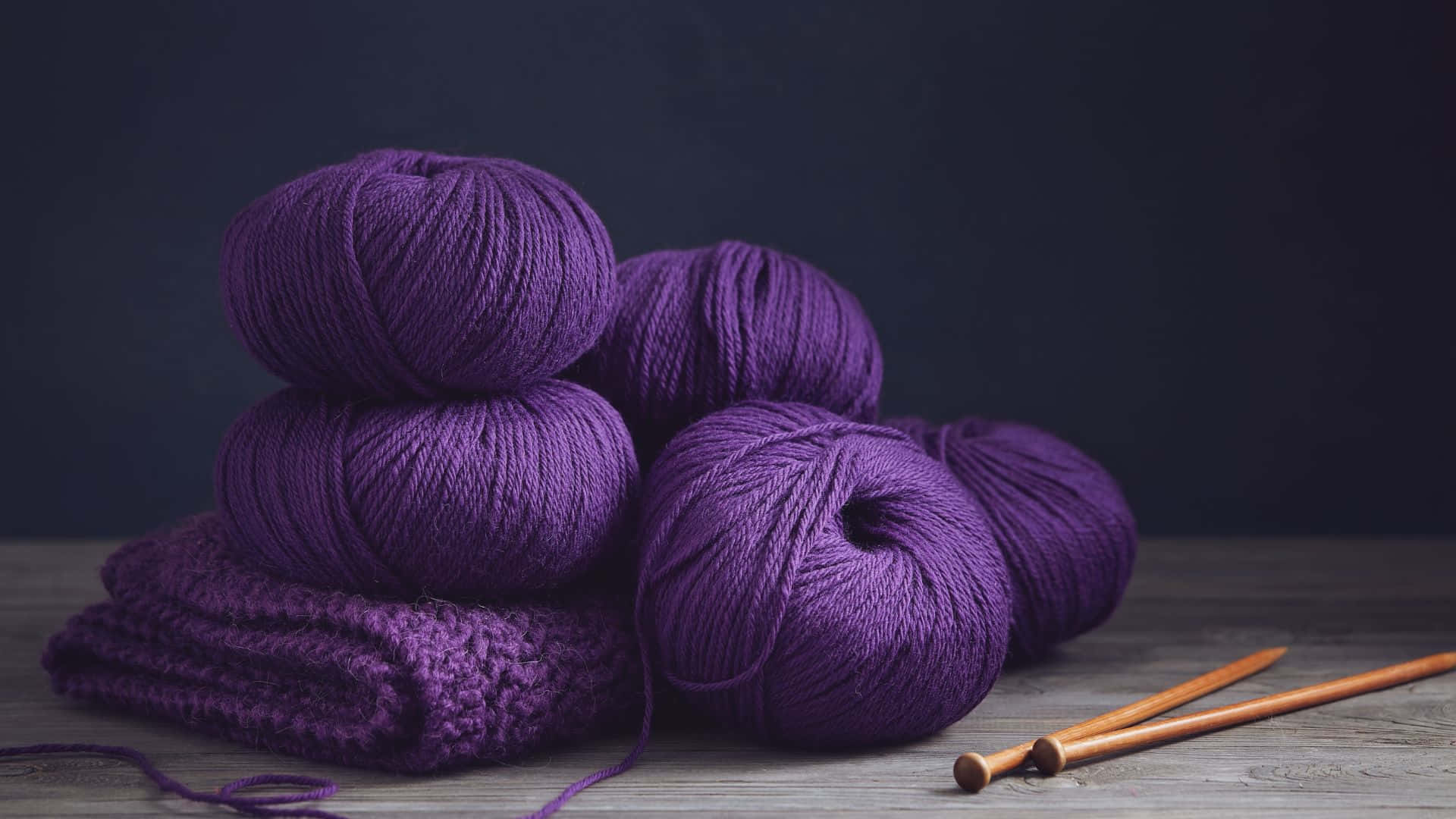 purple wool, purple yarn balls, wooden knitting needles, Full HD Desktop Wallpaper