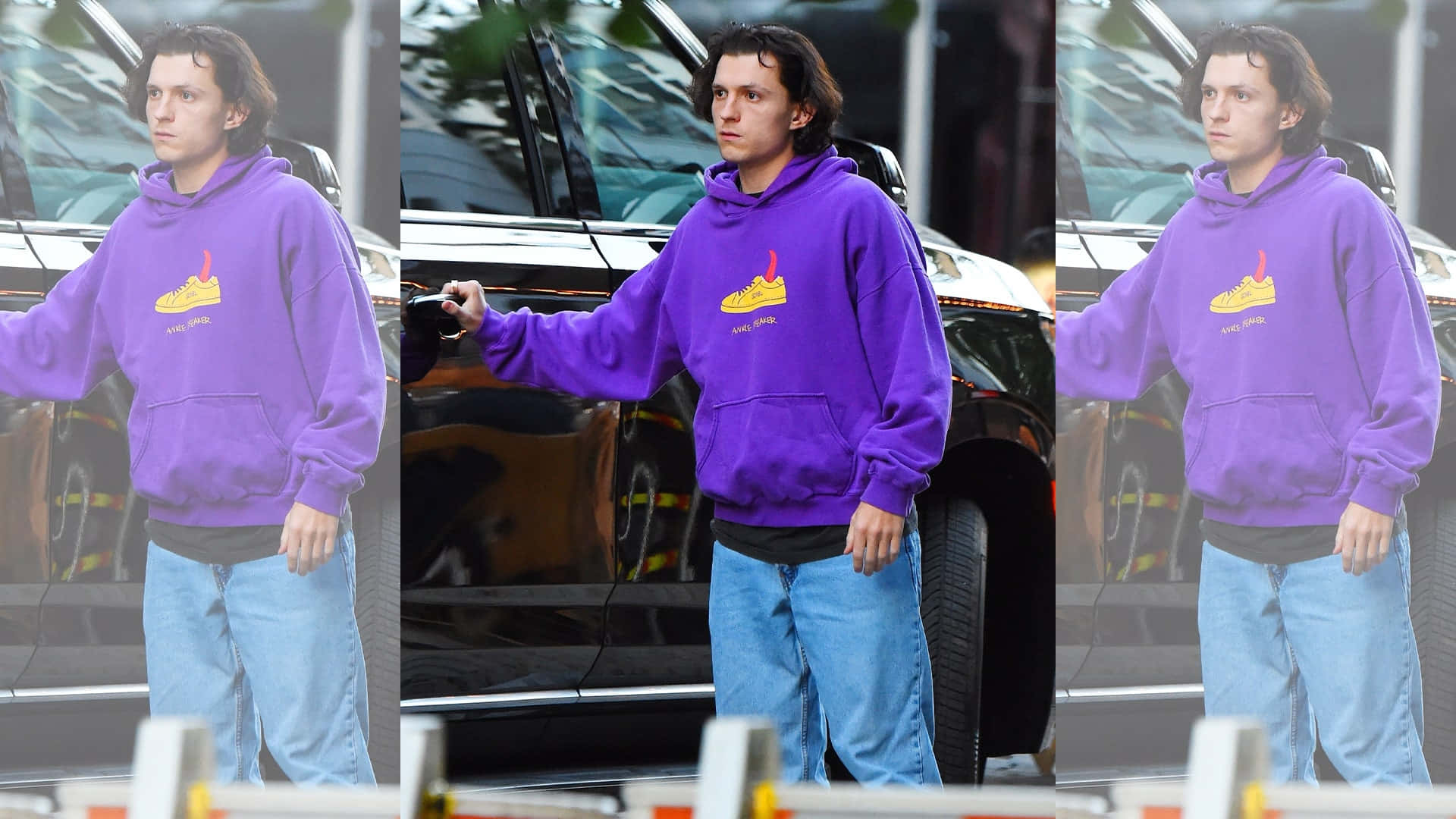 purple sweatshirt, yellow sneaker graphic, black car, Full HD Desktop Wallpaper