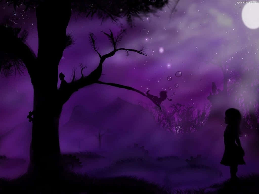 purple gothic, glowing purple night sky, small figure, SD Desktop Wallpaper