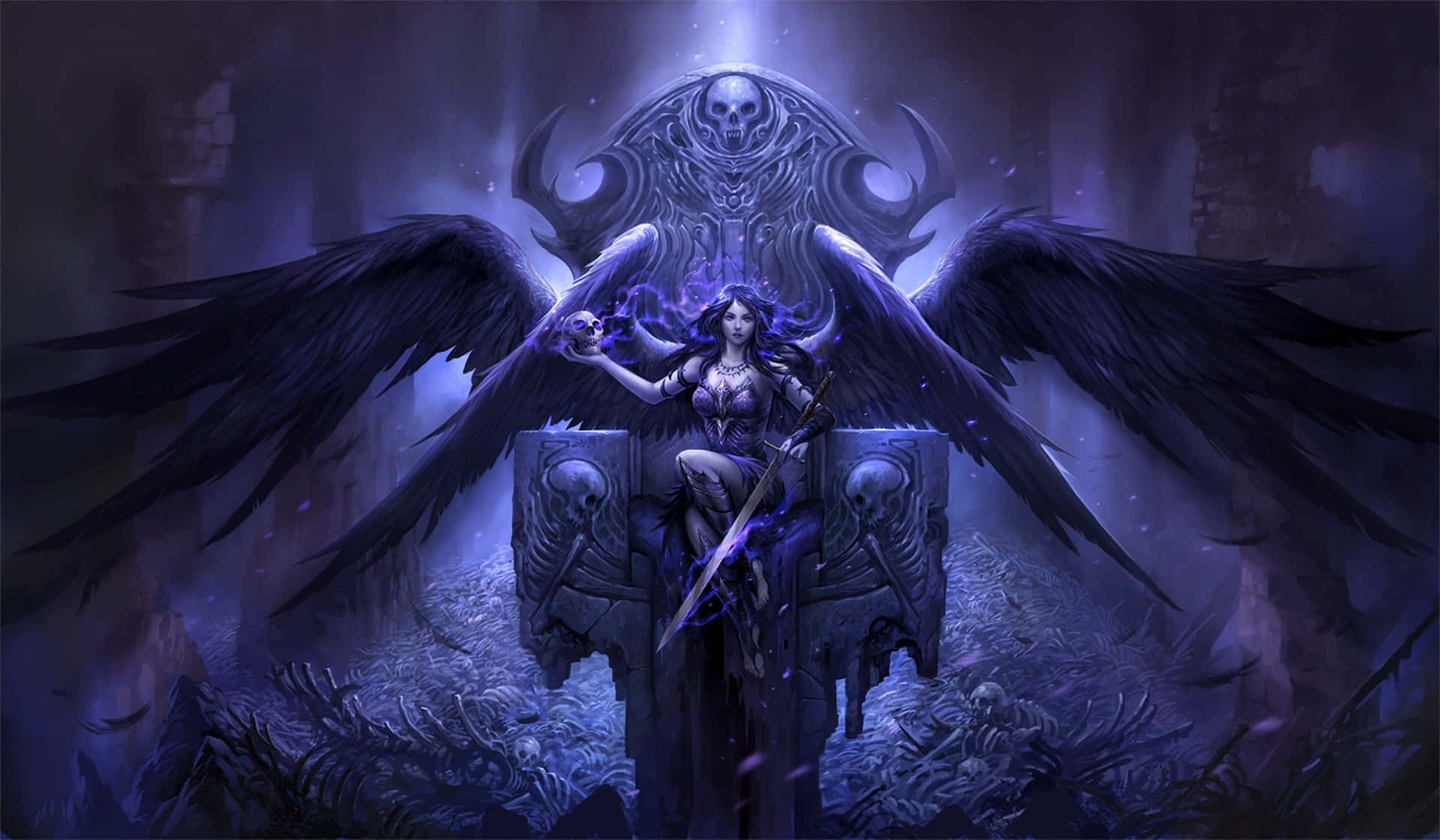 Purple Gothic, dark-winged angelic figure, glowing purple energy, Full HD Desktop Wallpaper