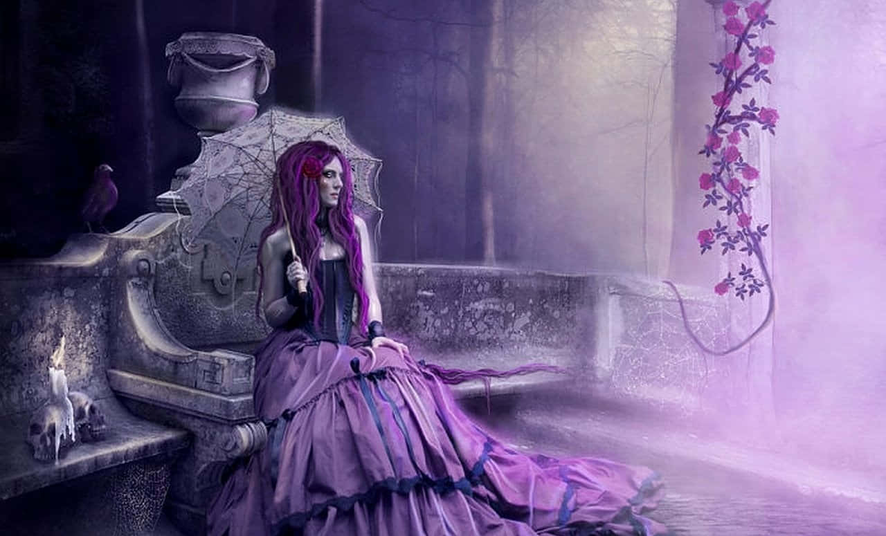 Purple Gothic, spiderweb umbrella, stone bench, HD Desktop Wallpaper
