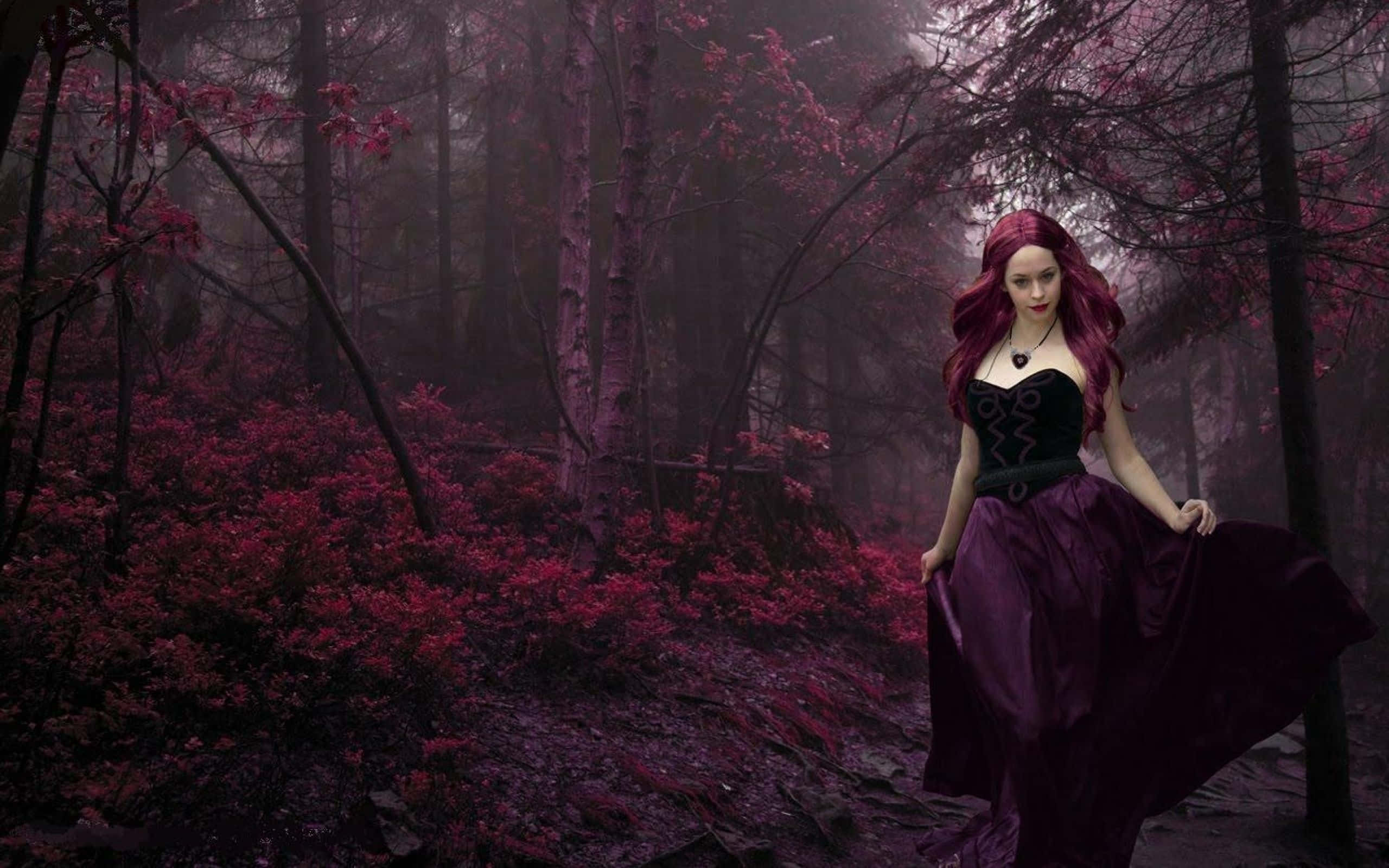 Purple Gothic, crimson hair, deep purple gown, 2K Desktop Wallpaper