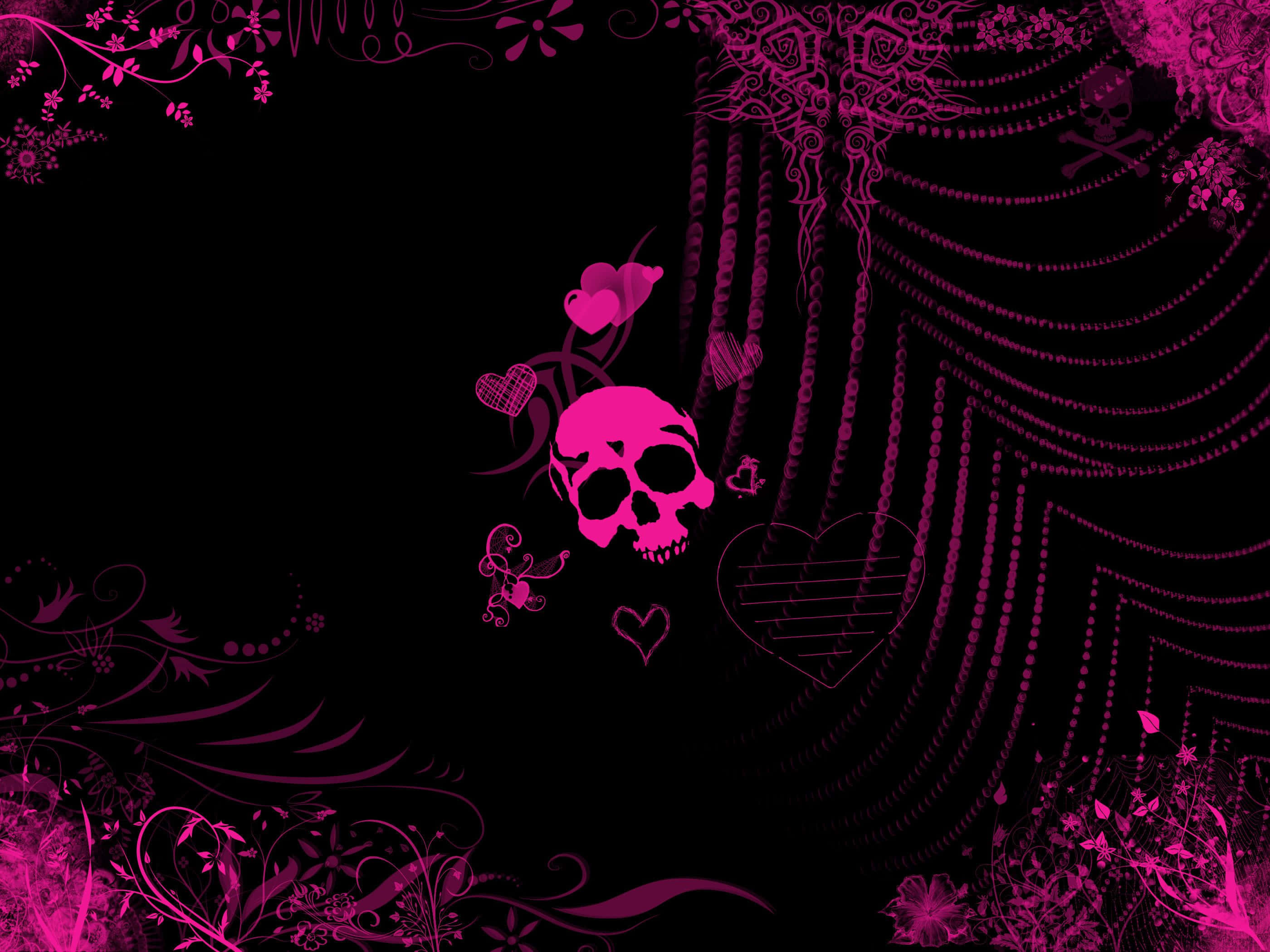 Purple Gothic, vibrant pink skull, hearts, 2K Desktop Wallpaper