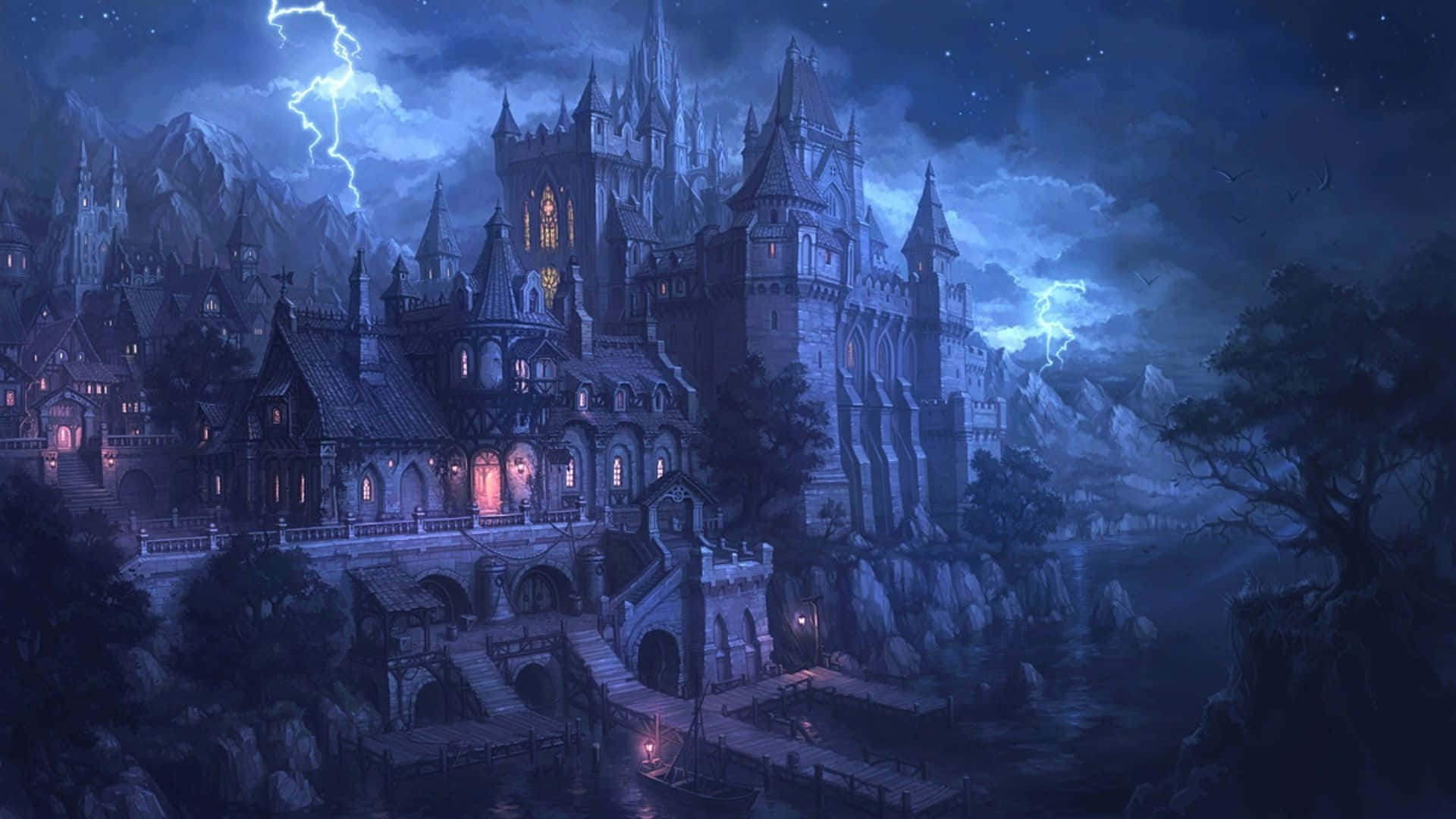 Purple Gothic, gothic castle, cliffs, Full HD Desktop Wallpaper