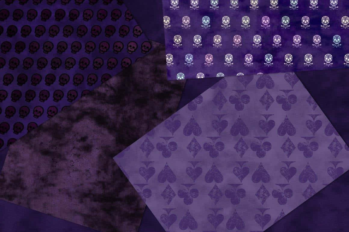 purple fabric, skull and crossbones pattern, playing card patterns, SD Desktop Wallpaper