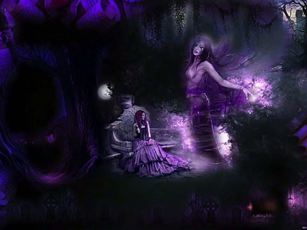 Purple Gothic, purple-haired women, moonlit graveyard, SD Desktop Wallpaper