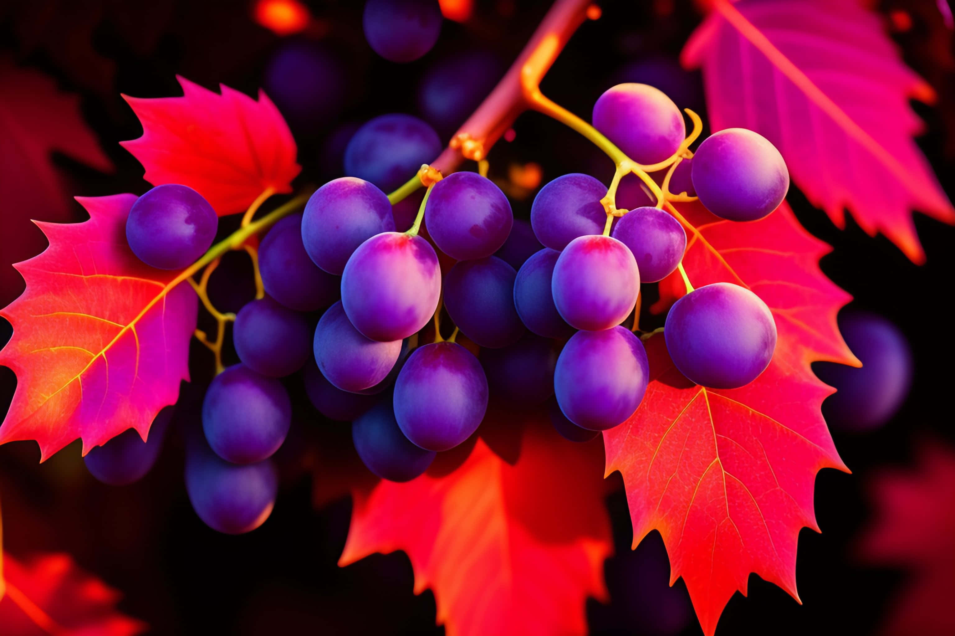 Purple Grapes, vibrant purple grapes, fiery red maple leaves, 2K Desktop Wallpaper