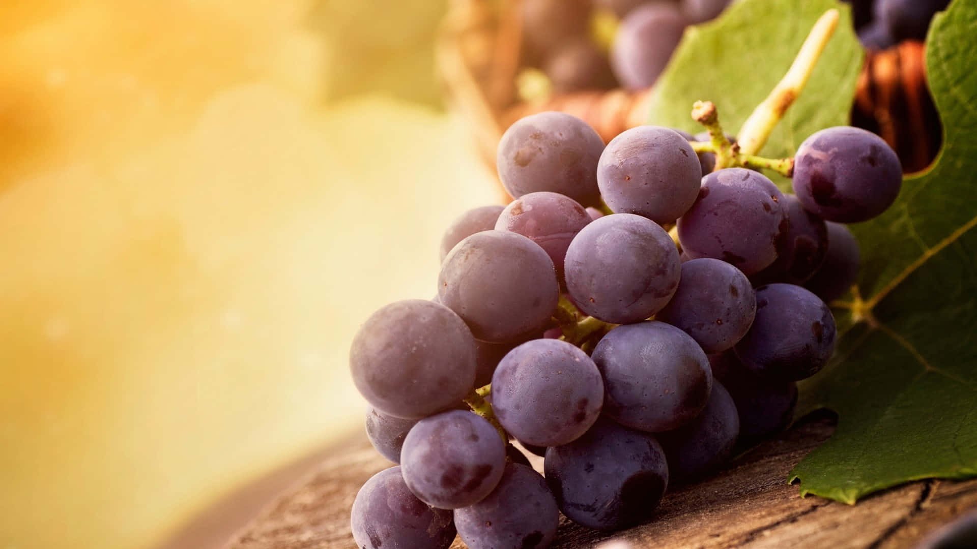 purple grapes, vine, wooden surface, Full HD Desktop Wallpaper