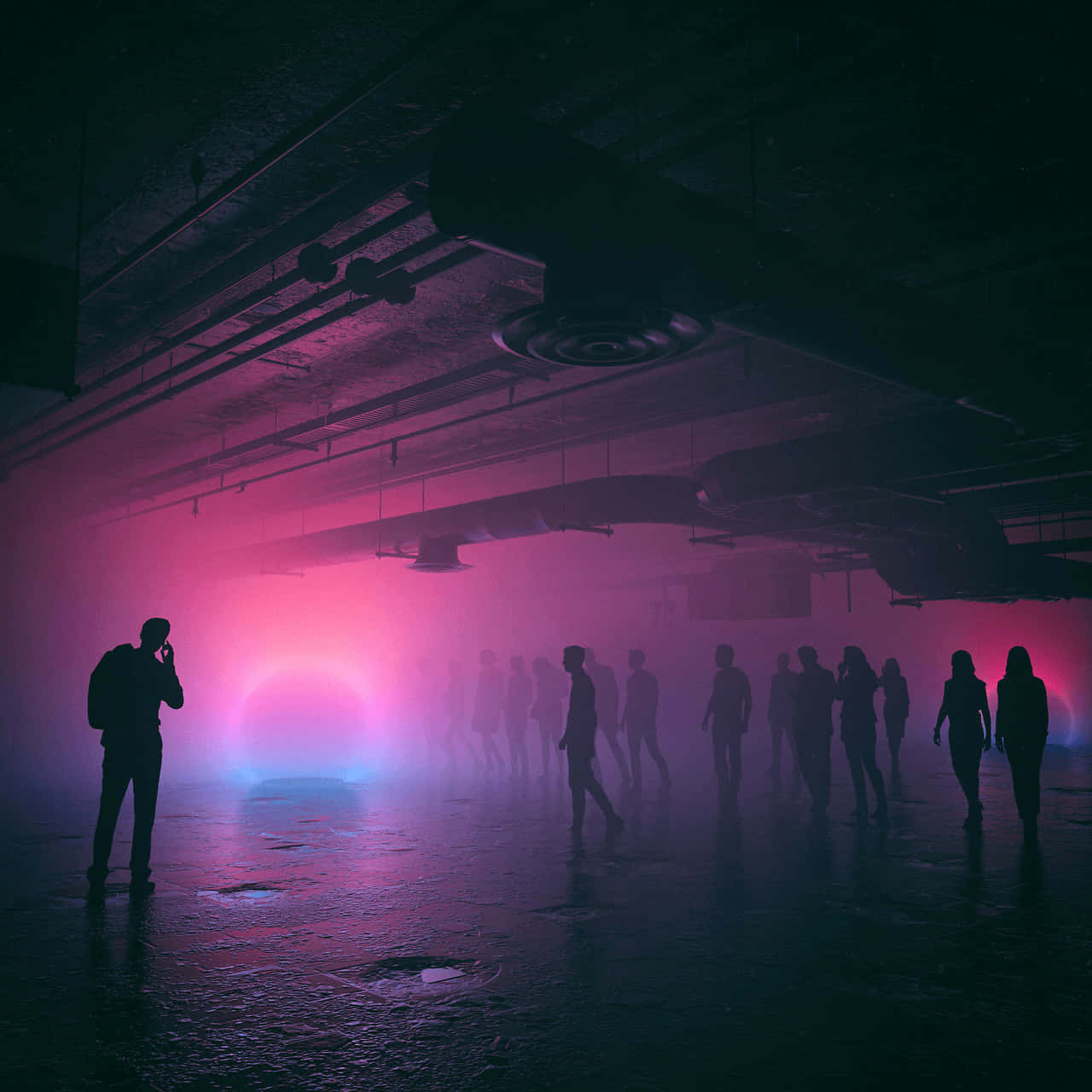 Purple Grunge Aesthetic, foggy industrial space, vibrant pink and blue neon light, HD Desktop Wallpaper