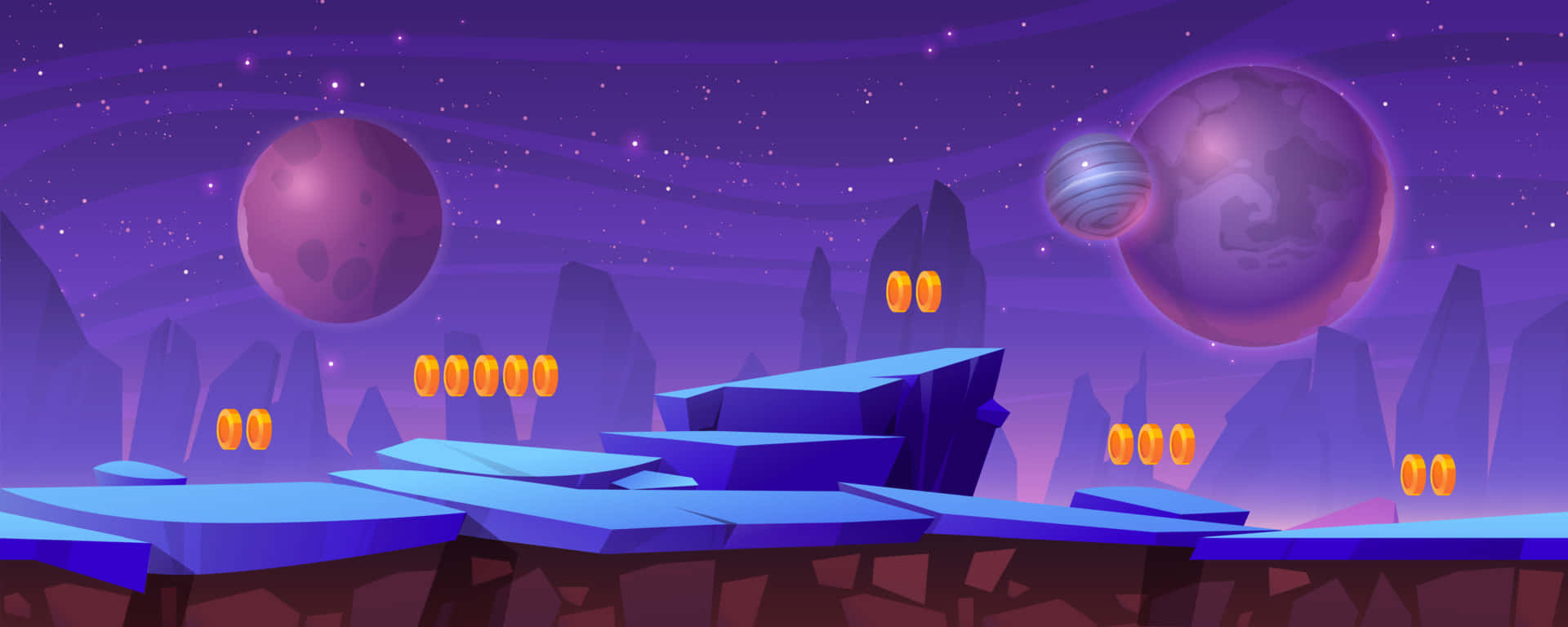 purple alien landscape, floating platforms, glowing coins, Full HD Desktop Wallpaper
