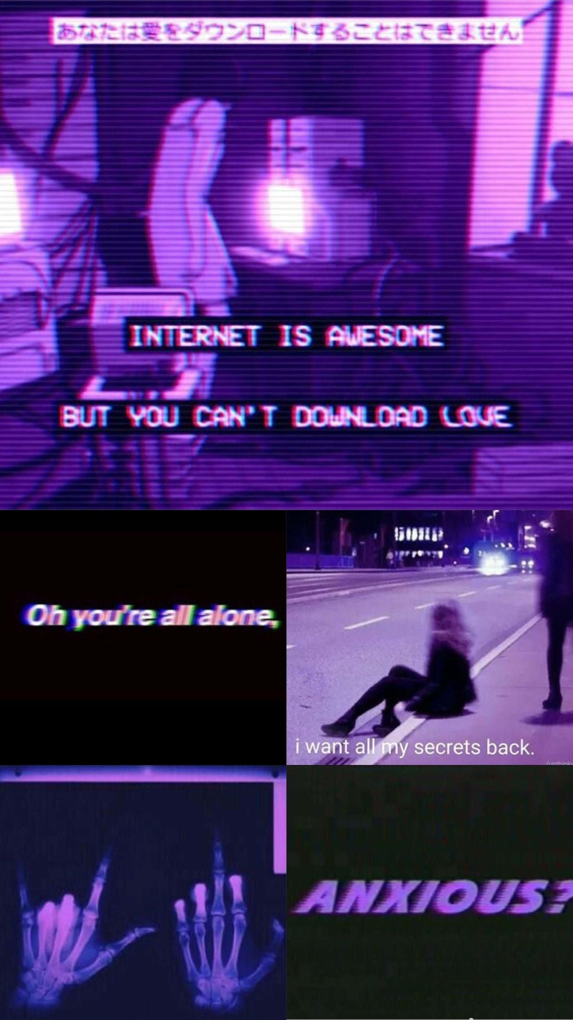 purple modern grunge aesthetic, glitchy purple digital collage, text overlays, 2K Phone Wallpaper