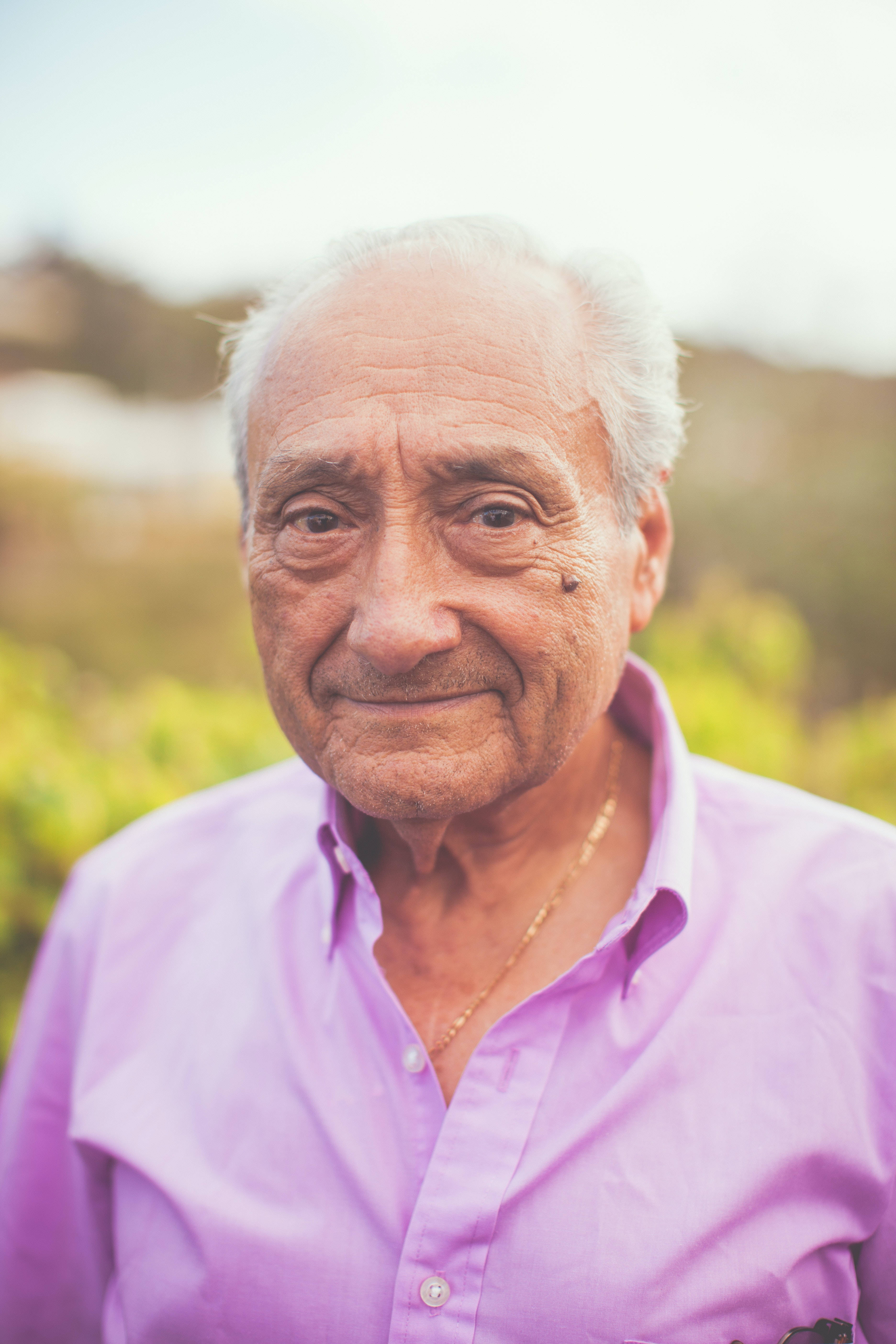 old man, purple shirt, lavender shirt, 5K Phone Wallpaper