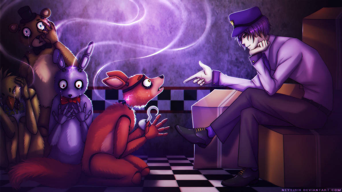 Purple Guy, checkered floor, red fox puppet, SD Desktop Wallpaper