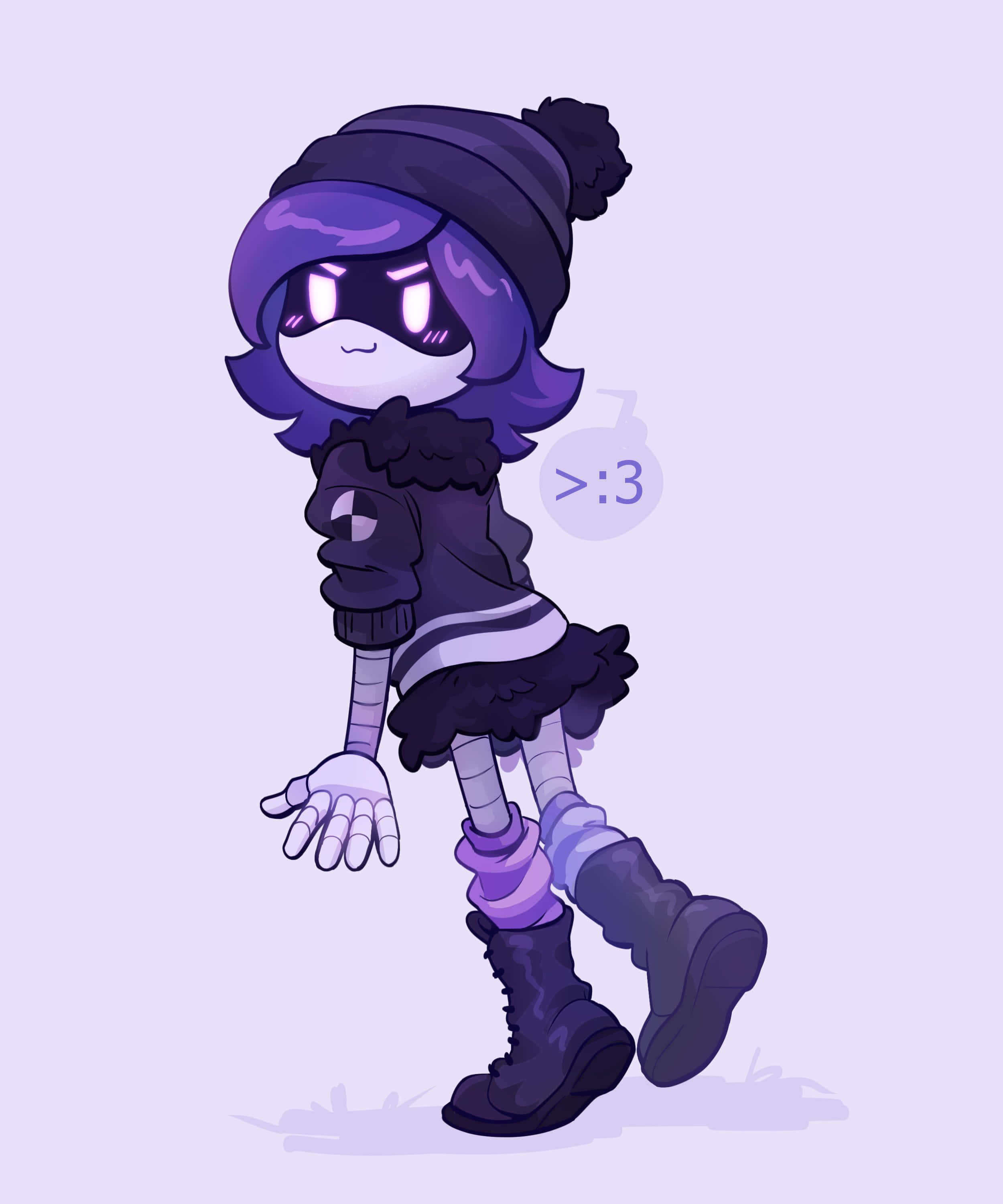chibi-style, purple-haired character, dark outfit, 2K Phone Wallpaper
