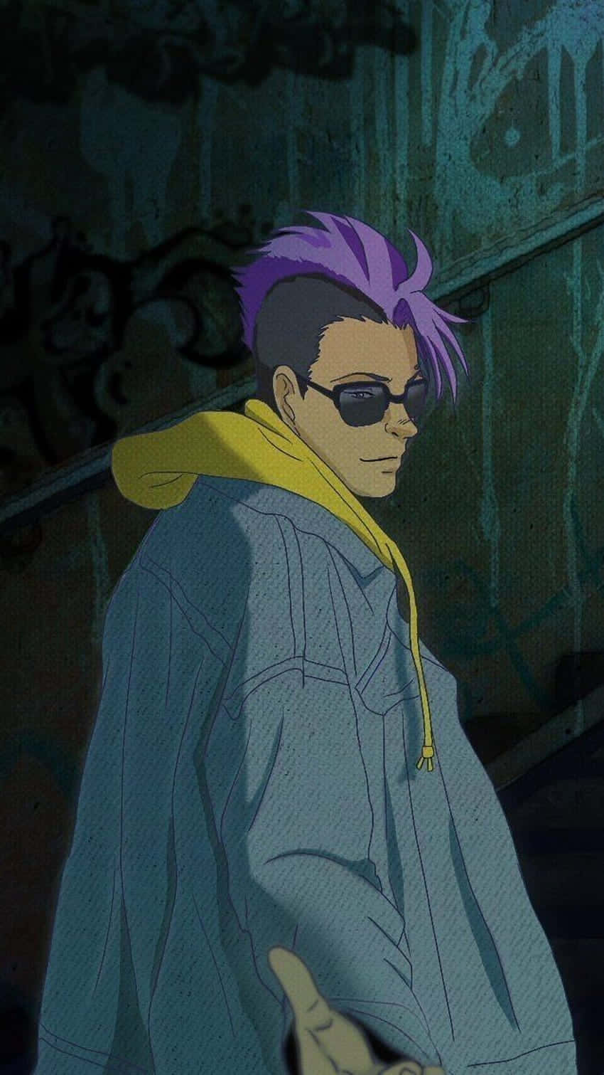 anime guy, purple spiky hair, black sunglasses, HD Phone Wallpaper