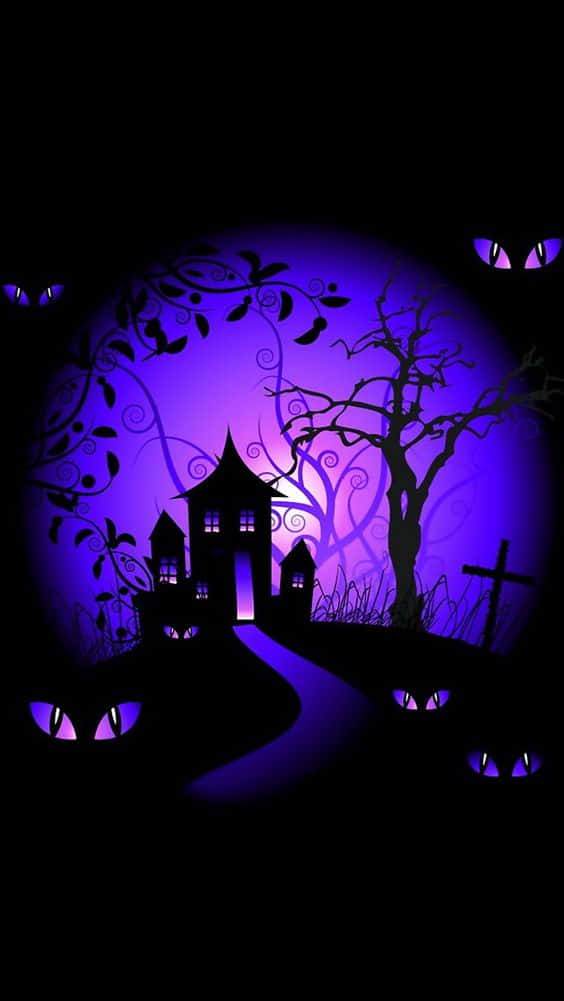 Purple Halloween, haunted house silhouette, glowing cat eyes, SD Phone Wallpaper