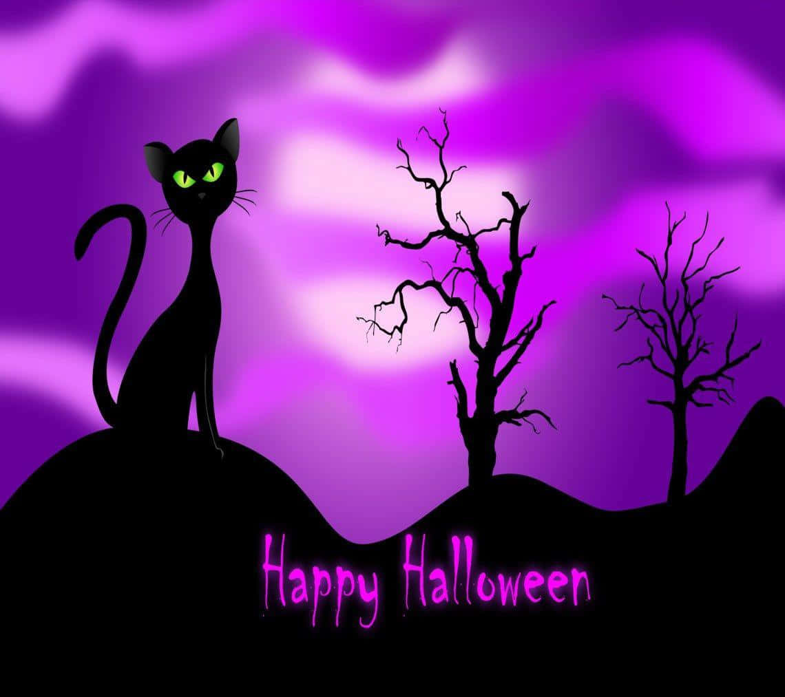 black cat, glowing green eyes, swirling purple sky, SD Desktop Wallpaper