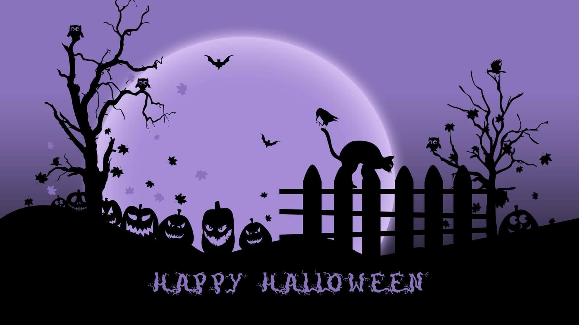 Purple Halloween, glowing purple moon, pumpkins, Full HD Desktop Wallpaper