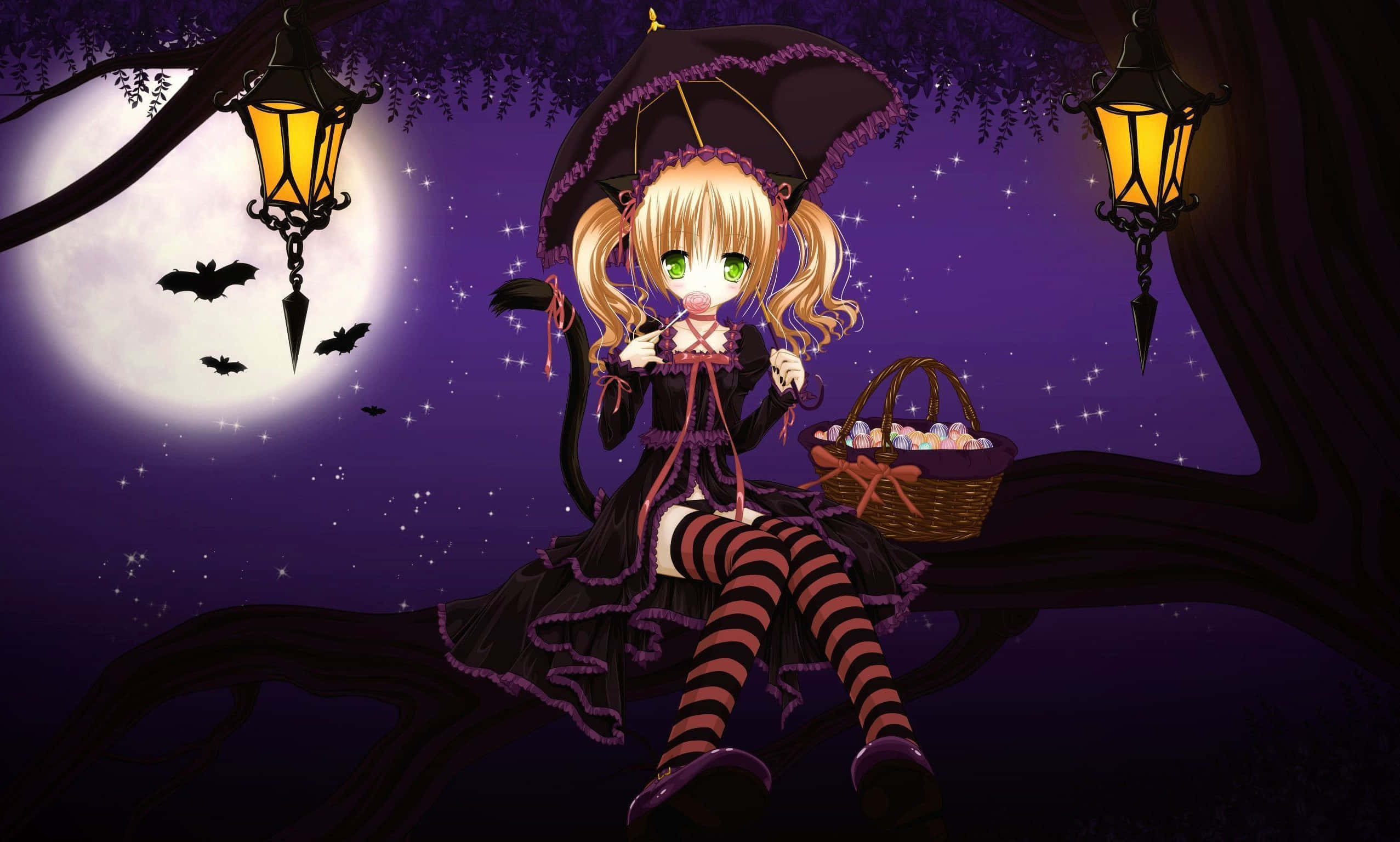 blonde anime girl, black witch outfit, full moon, Full HD Desktop Wallpaper