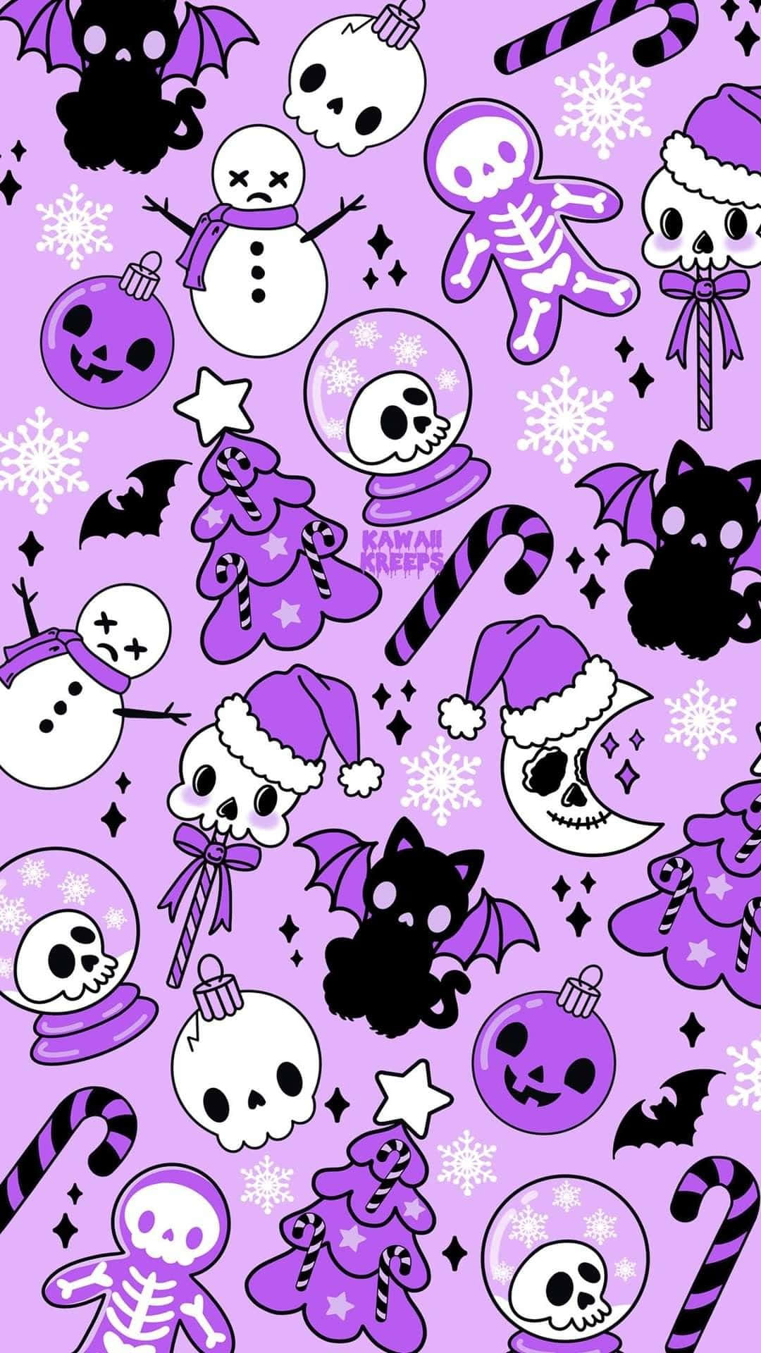 Purple Halloween Cartoon Pattern, kawaii skulls, snowmen, Full HD Phone Wallpaper