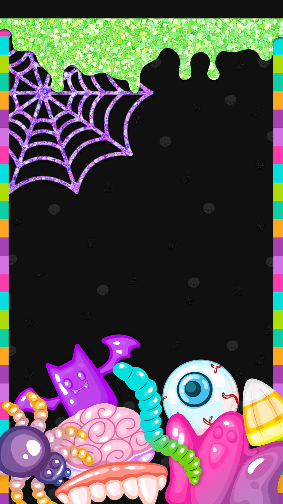purple spiderweb, glittery green slime, cartoonish spooky elements, Full HD Phone Wallpaper
