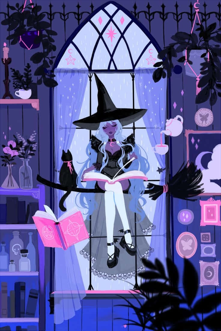 purple halloween, witch, long blue hair, SD Phone Wallpaper