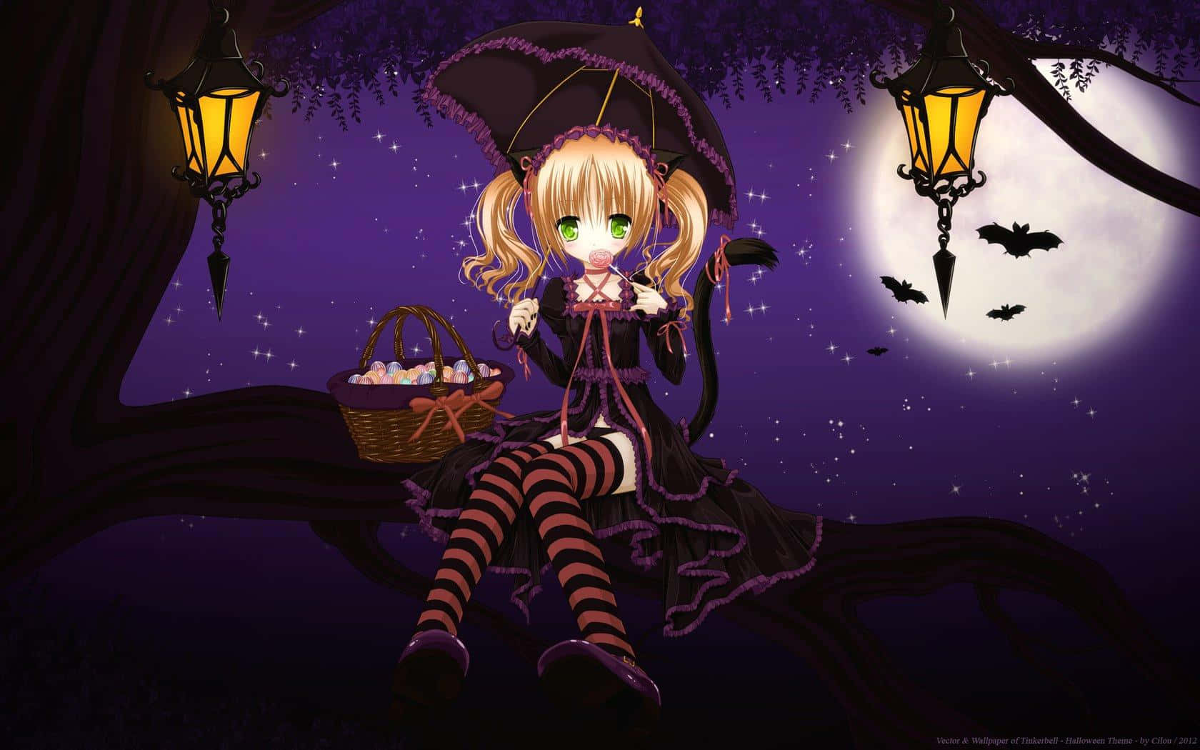 anime witch, green eyes, full moon, HD Desktop Wallpaper