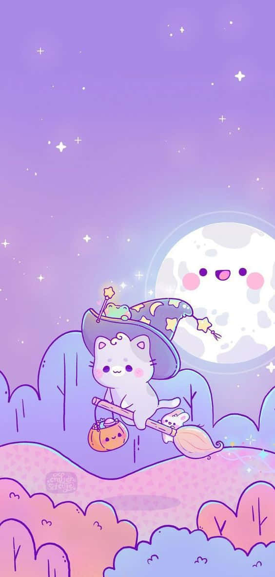 white cat witch, broomstick, smiling moon, SD Phone Wallpaper