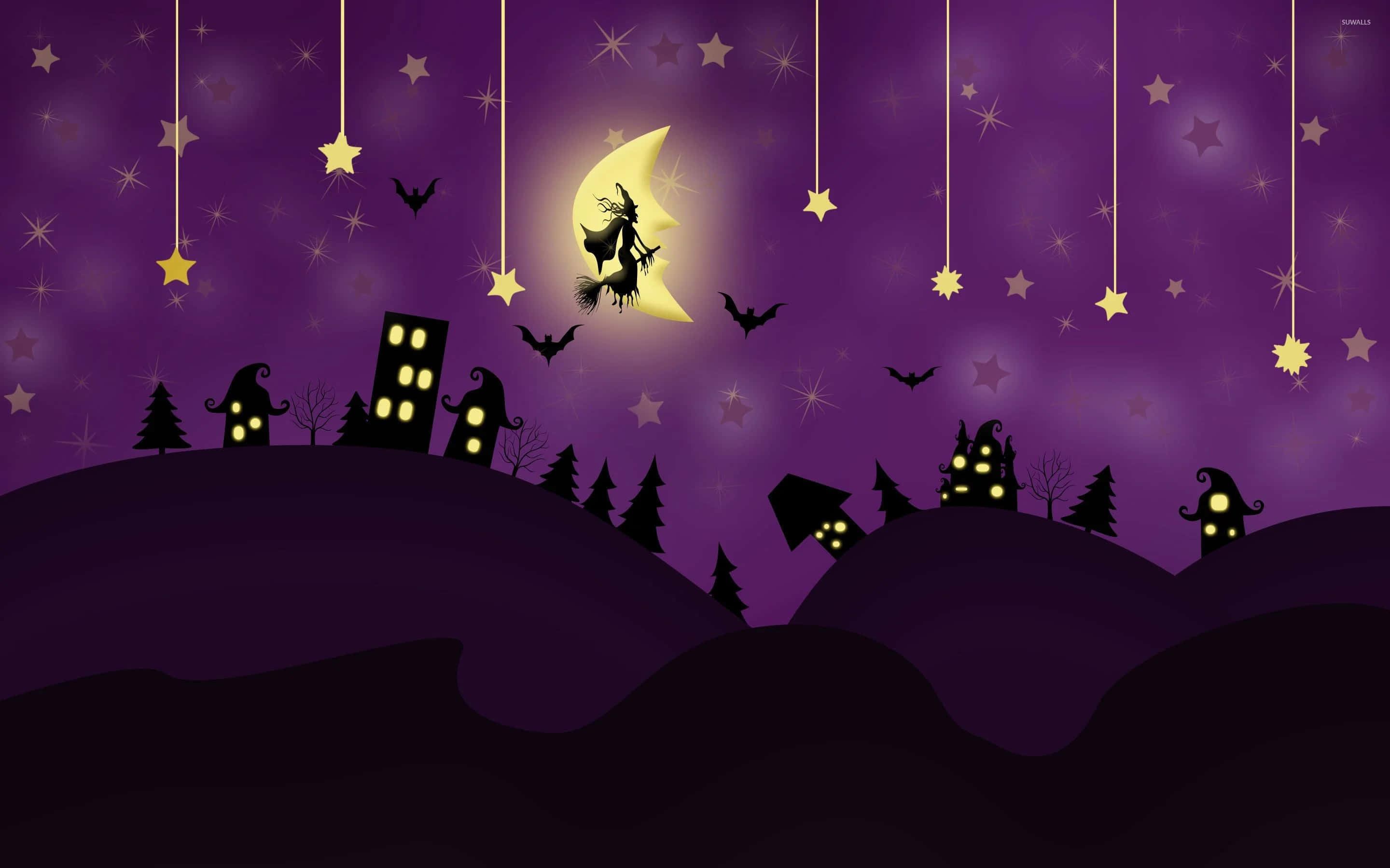 Purple Halloween, witch, broomstick, 2K Desktop Wallpaper