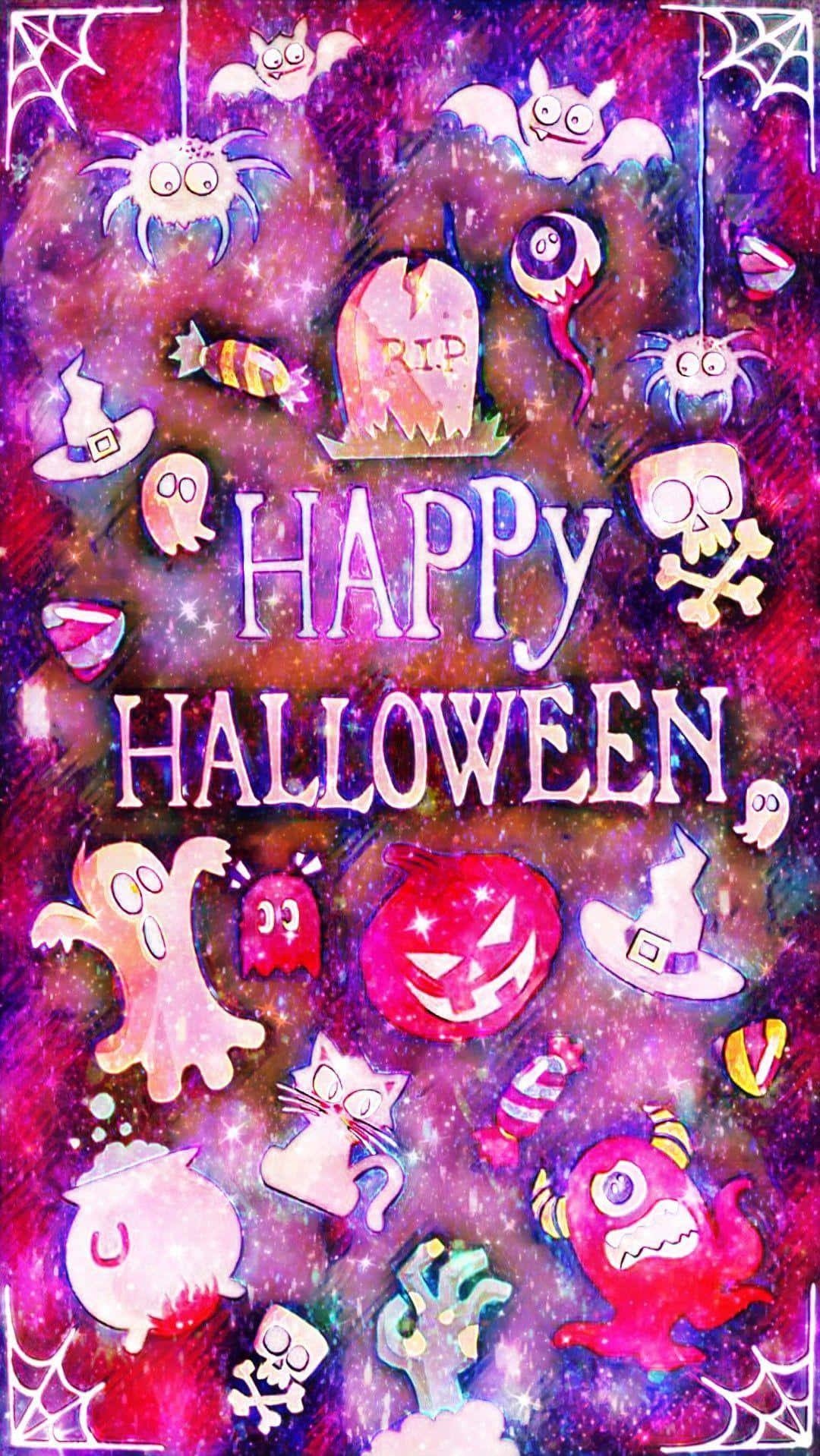 Purple Halloween, cosmic purple starry background, cartoon ghosts, HD Phone Wallpaper