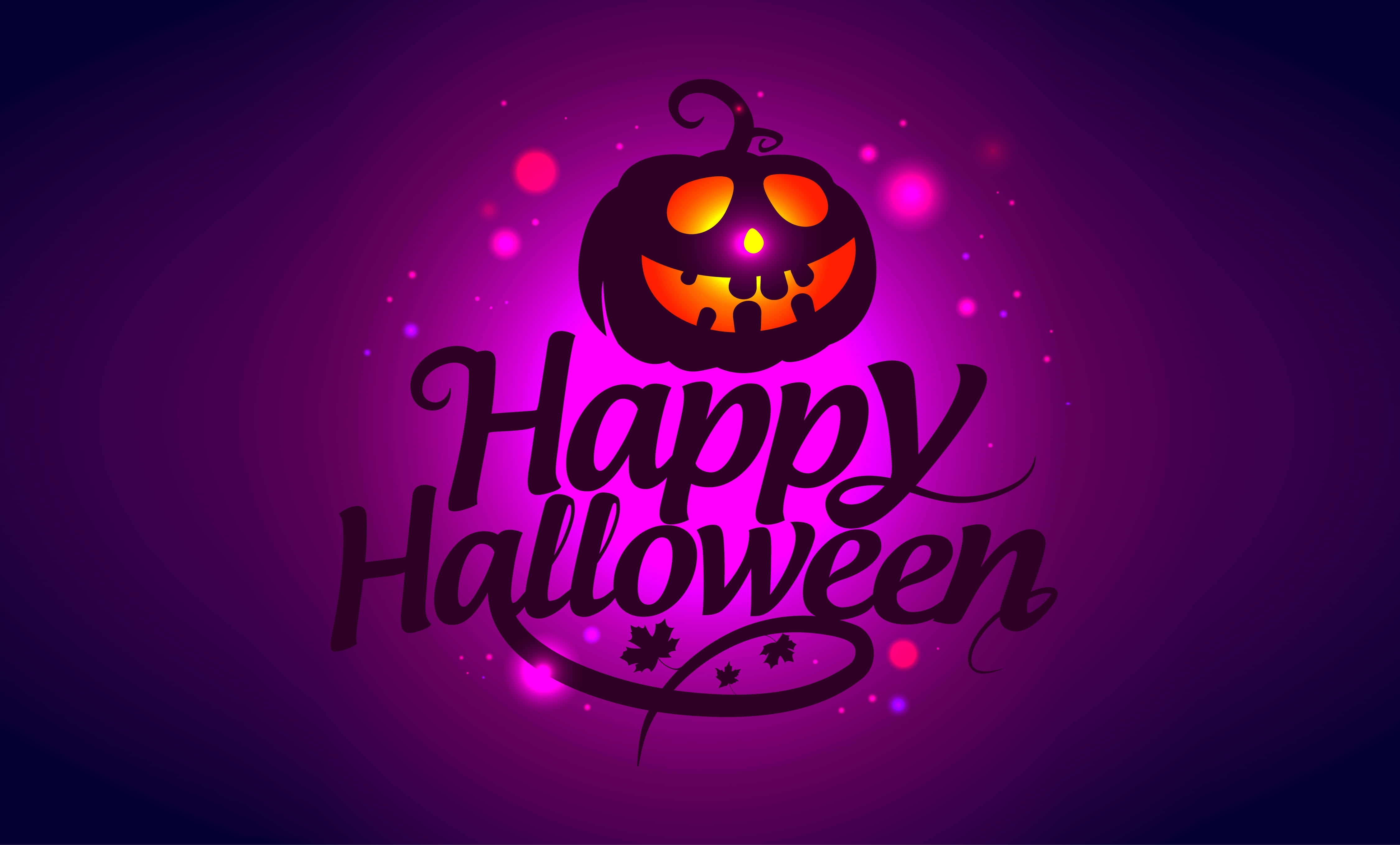 Purple Halloween, jack-o'-lantern, black cursive text, 4K Desktop Wallpaper