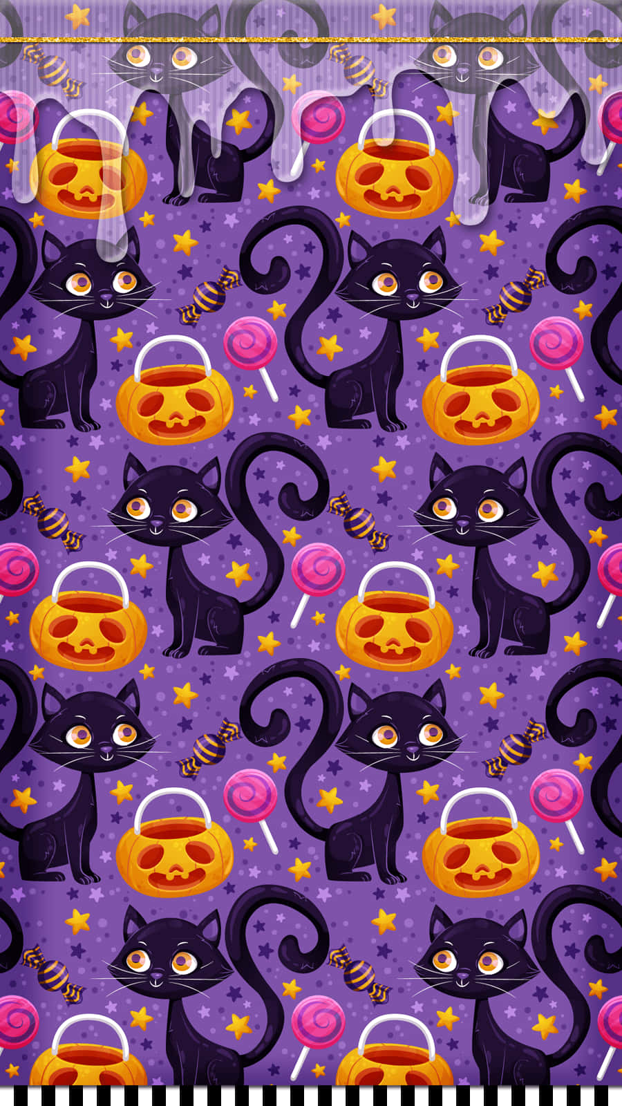 Purple Halloween, black cartoon cats, orange eyes, HD Phone Wallpaper