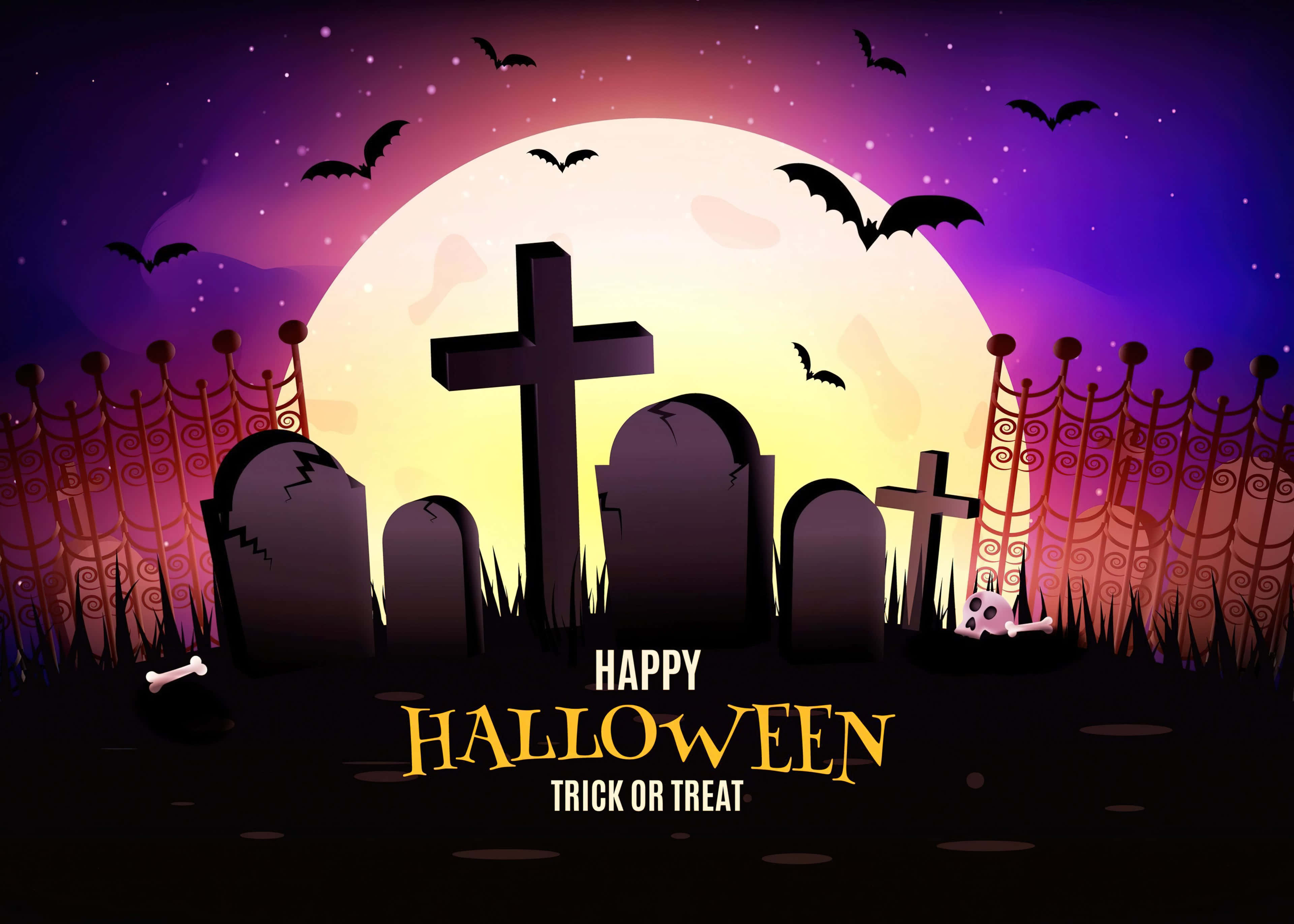Purple Halloween, cemetery, tombstones, 4K Desktop Wallpaper