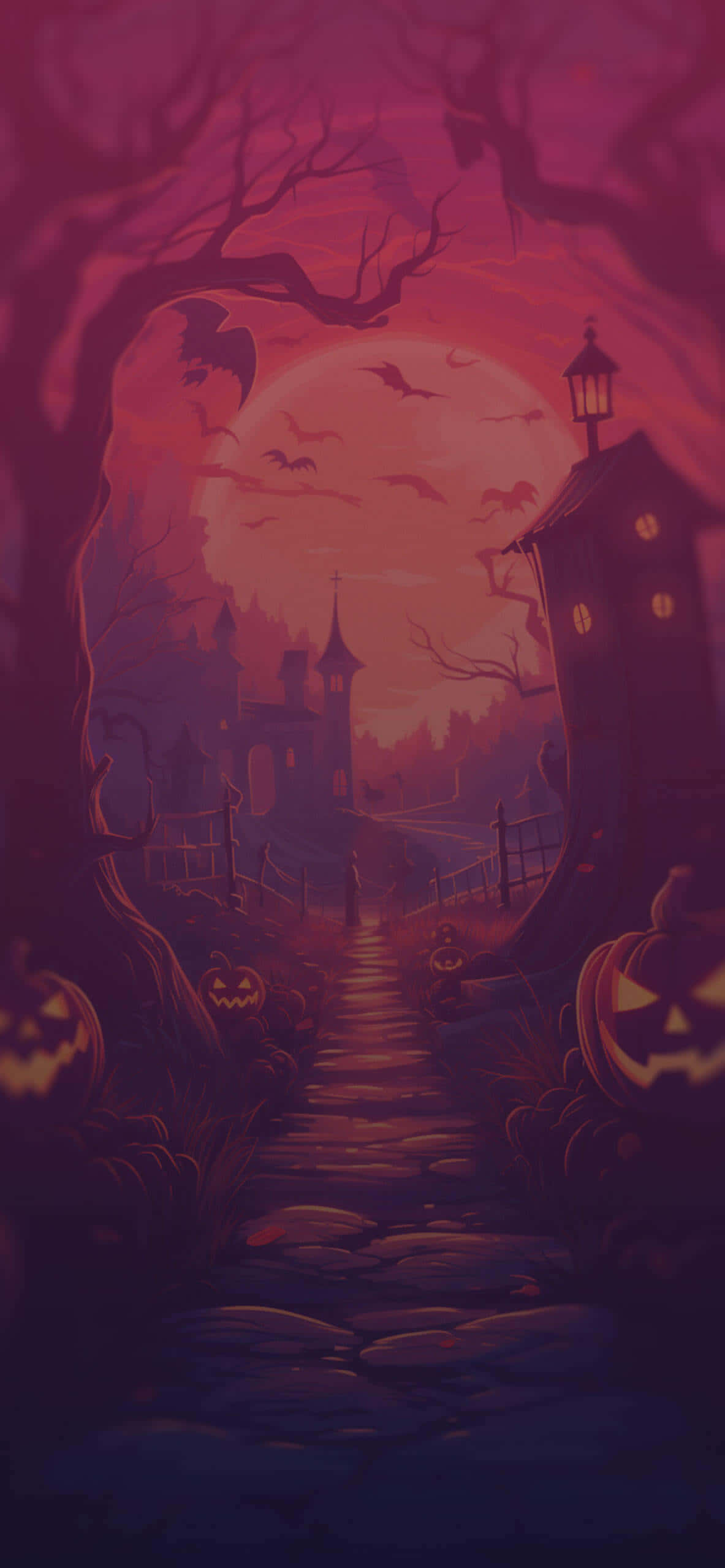 Purple Halloween, cobblestone path, haunted forest, 2K Phone Wallpaper