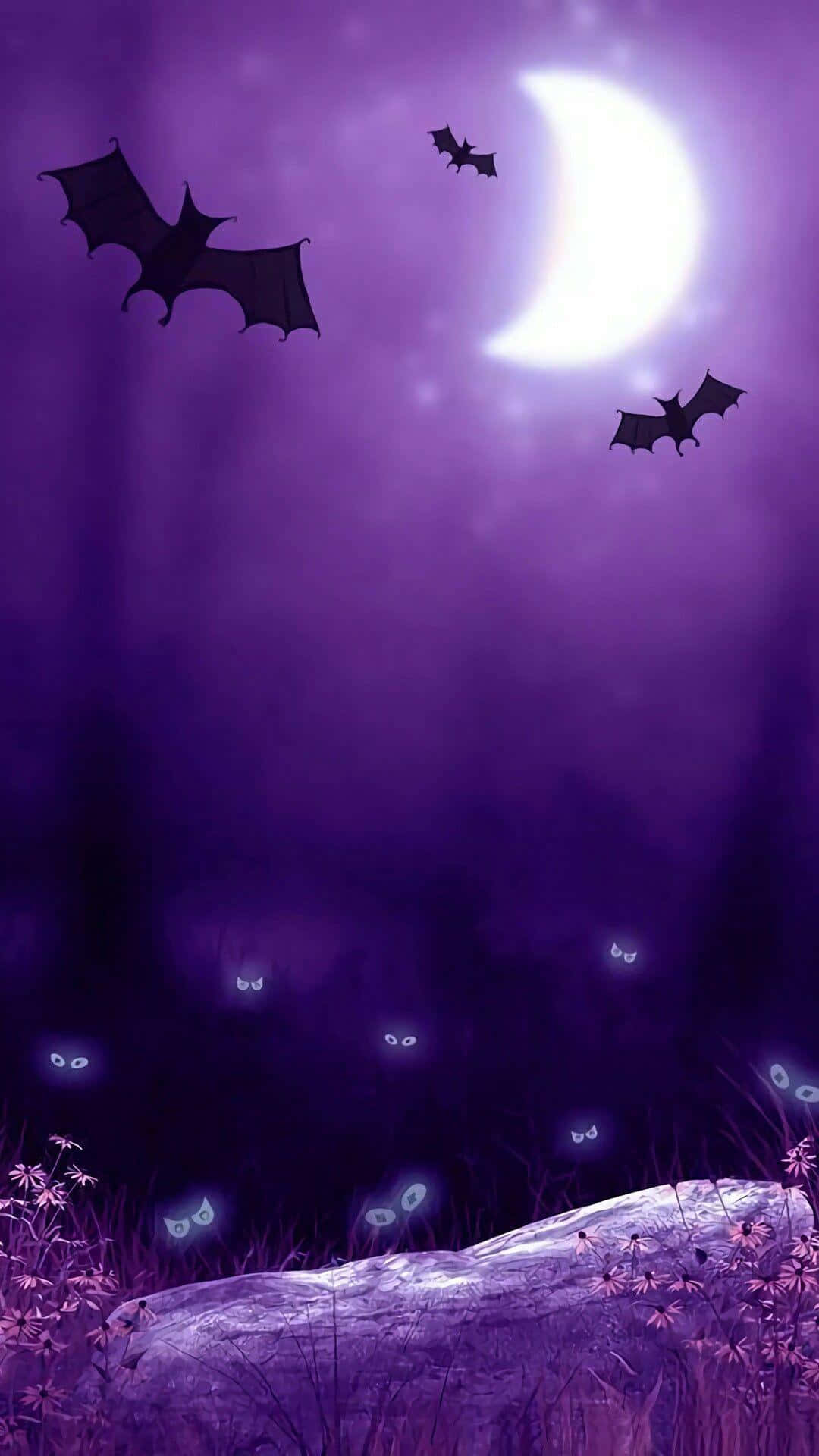 Purple Halloween, glowing crescent moon, misty purple forest, Full HD Phone Wallpaper