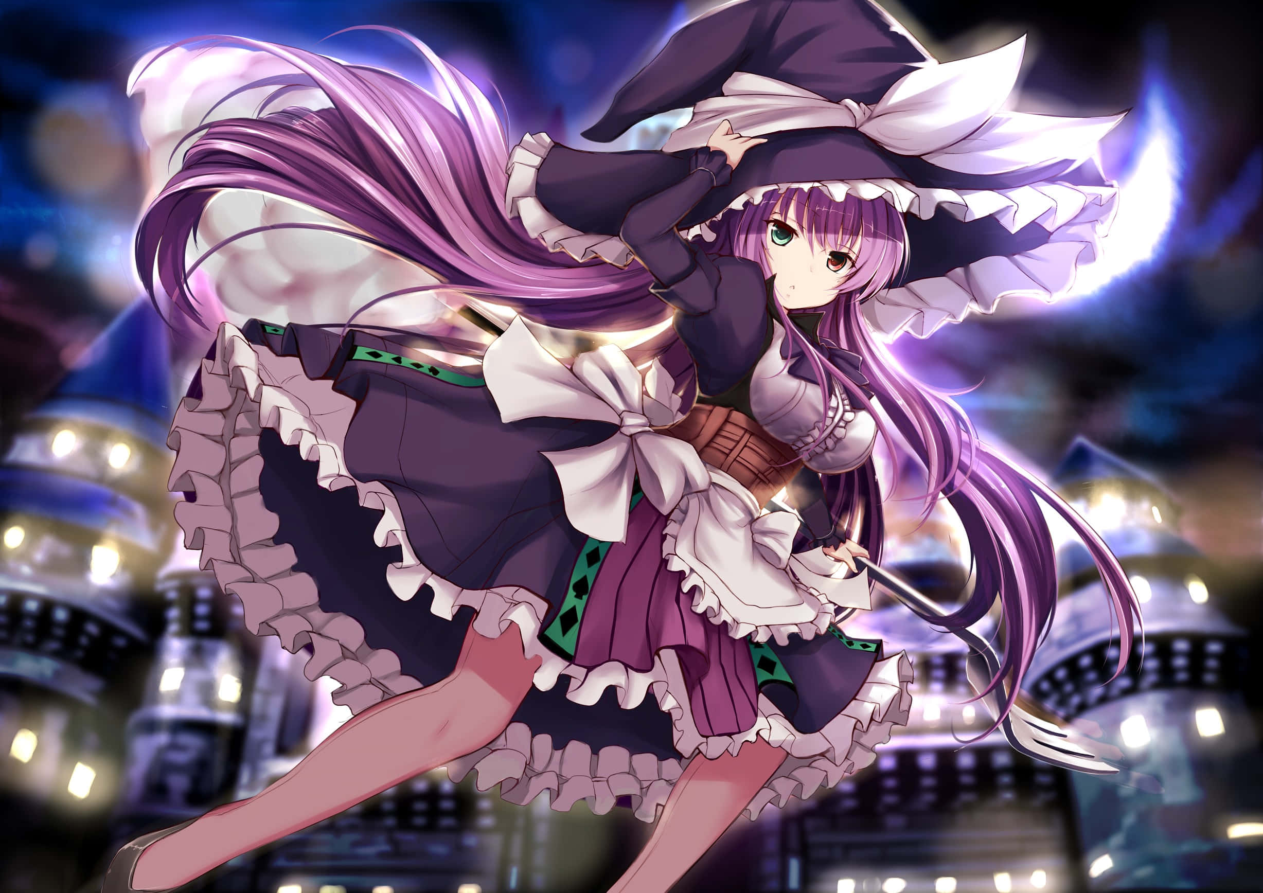 Purple Hat, anime witch, frilly dress, Full HD Desktop Wallpaper