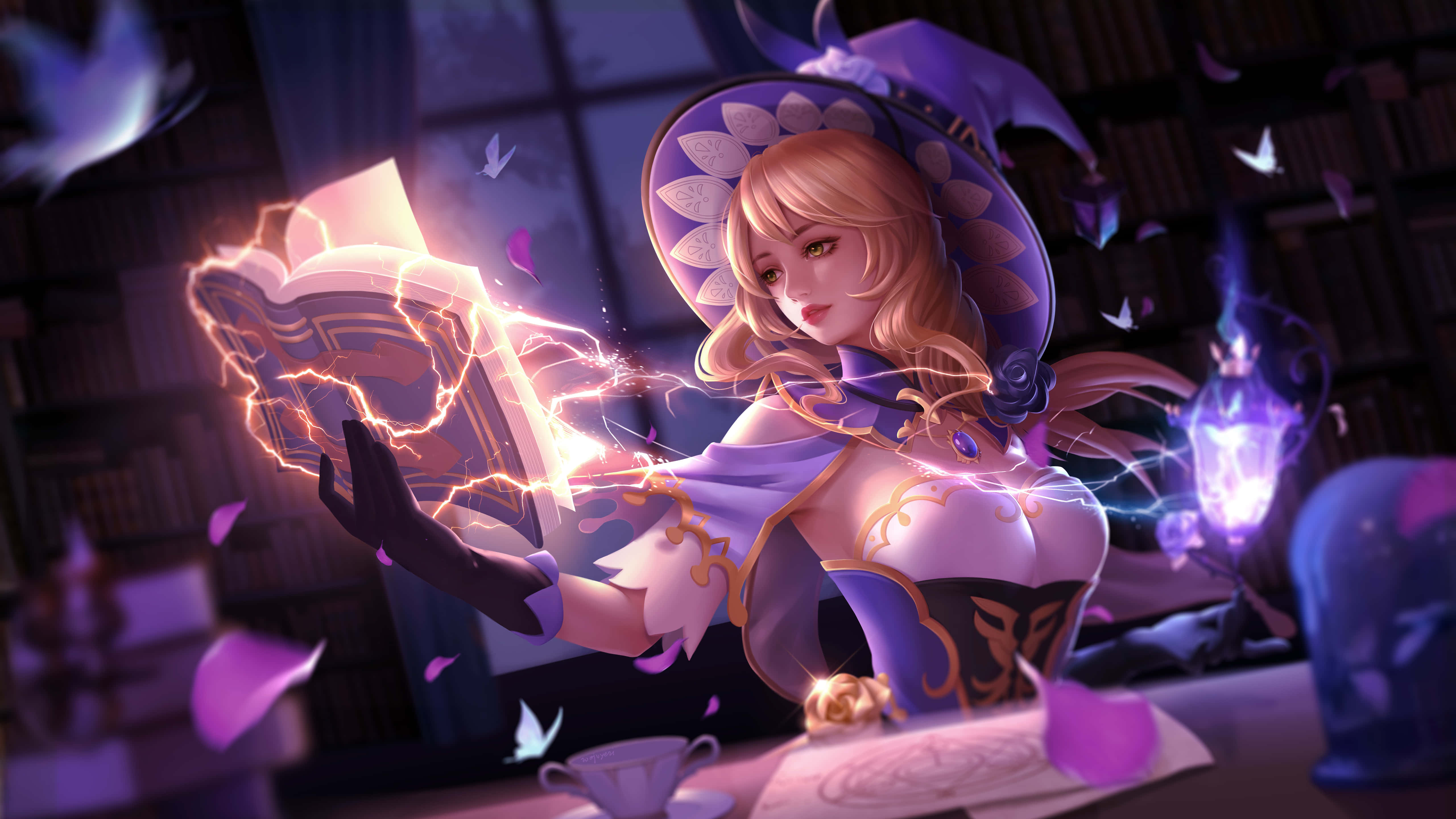 purple hat, blonde anime witch, glowing book, 5K Desktop Wallpaper