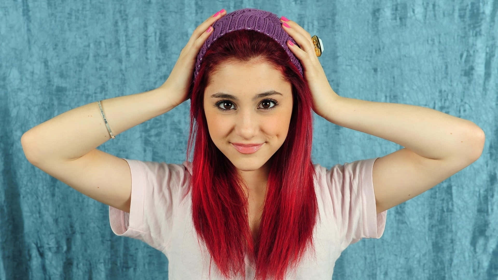 purple beanie, vibrant red hair, textured teal backdrop, Full HD Desktop Wallpaper