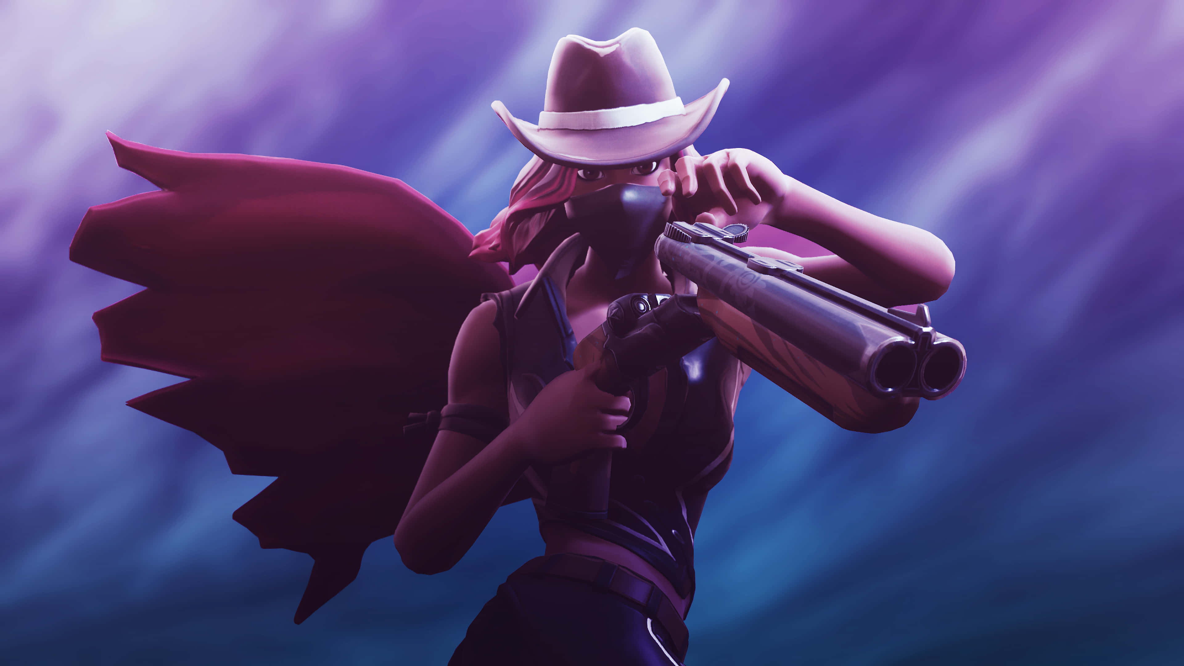 masked female cowboy, red cape, double-barreled shotgun, 4K Desktop Wallpaper
