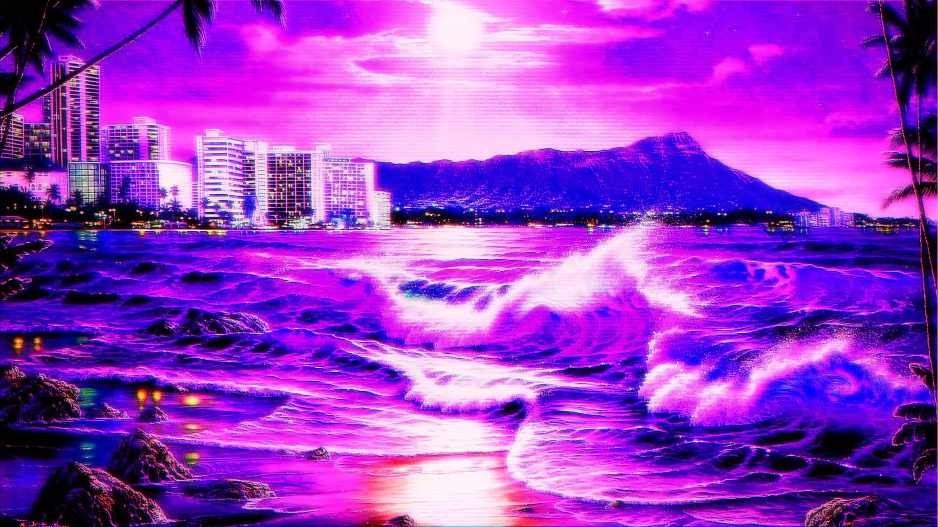 Purple Haze, sunset, neon waves, Full HD Desktop Wallpaper