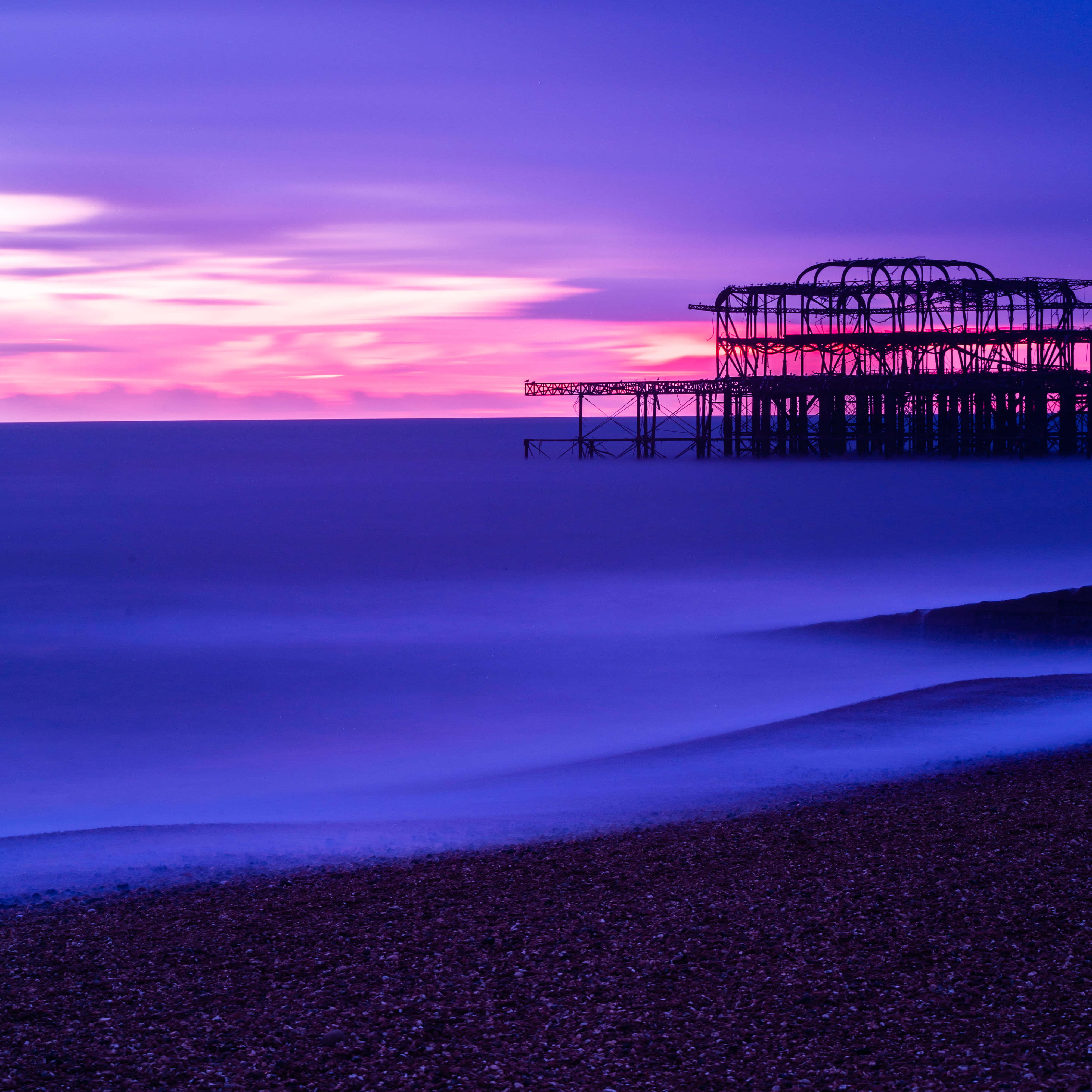 Purple Haze, sunset, decaying pier, 4K Desktop Wallpaper