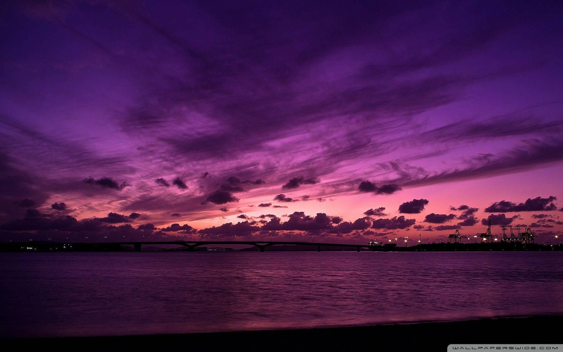 Dark Purple Sunset Aesthetic, purple and pink sunset, calm waterway, Full HD Desktop Wallpaper