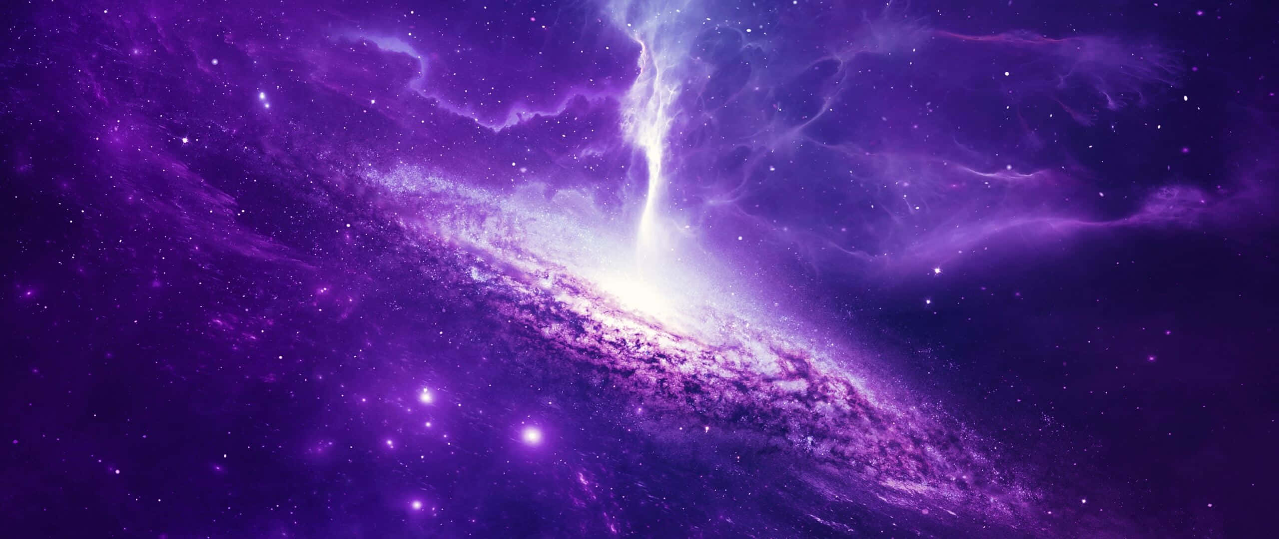 Purple Galaxy Space Backdrop, vibrant purple spiral galaxy, glowing nebulae, 2K Desktop Wallpaper