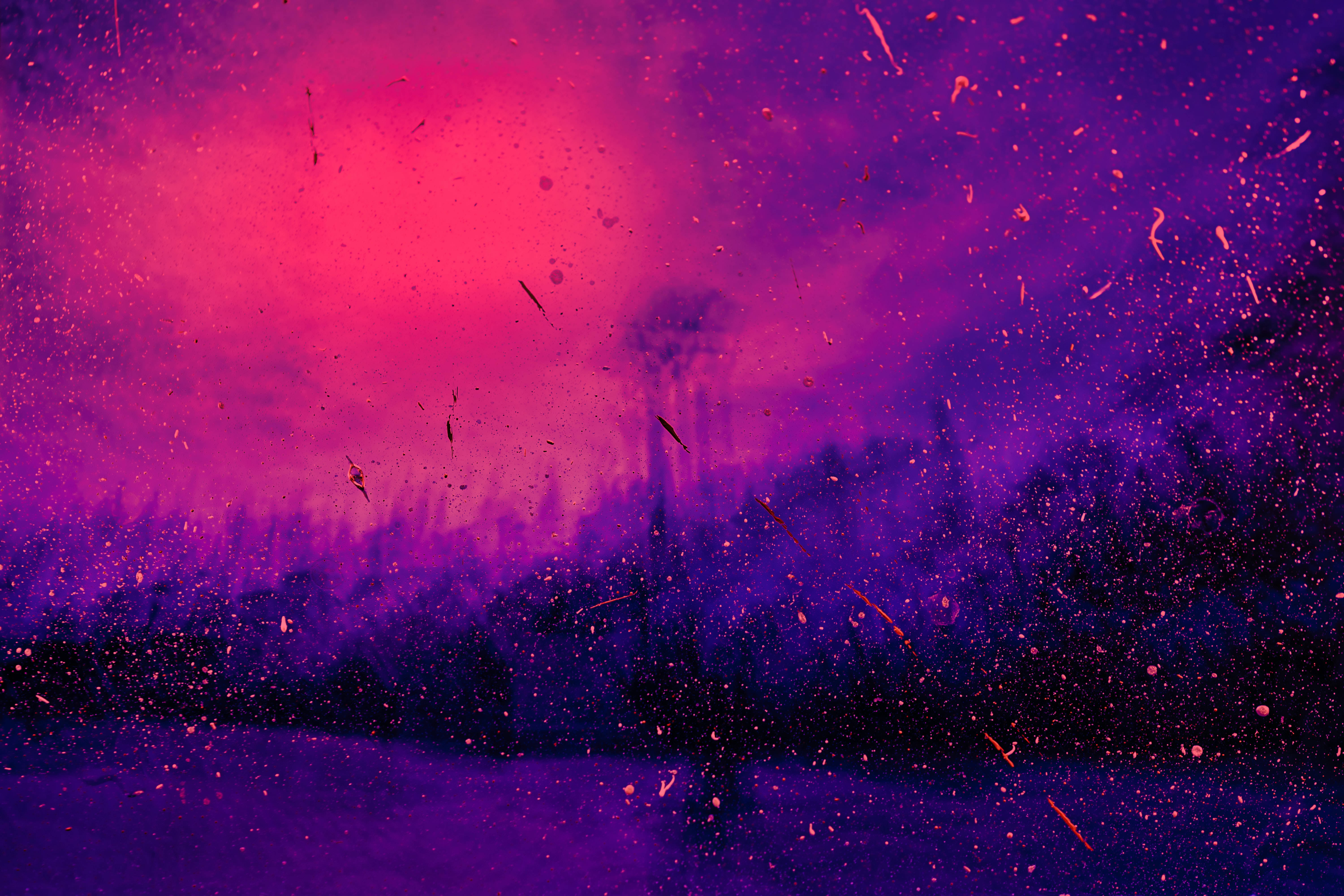 purple sky, red sun, dark silhouetted trees, 5K Desktop Wallpaper
