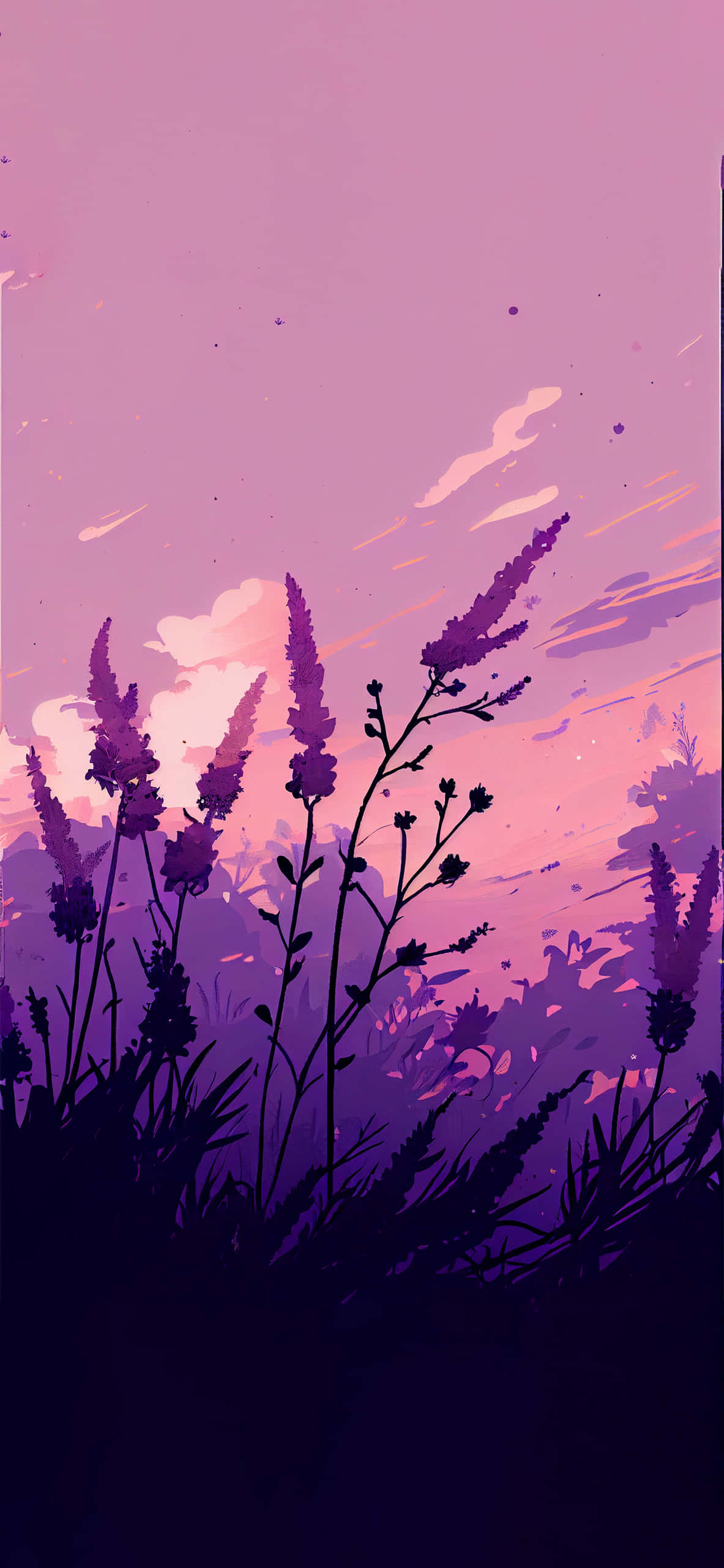 purple sunset, silhouette, purple flowers, 2K Phone Wallpaper