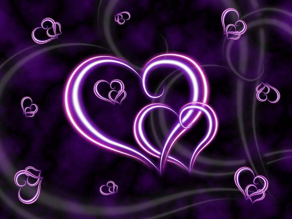 neon hearts, swirling dark purple background, floating heart outlines, SD Desktop Wallpaper