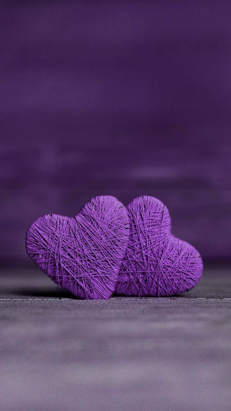 purple yarn hearts, textured purple yarn, gray surface, HD Phone Wallpaper